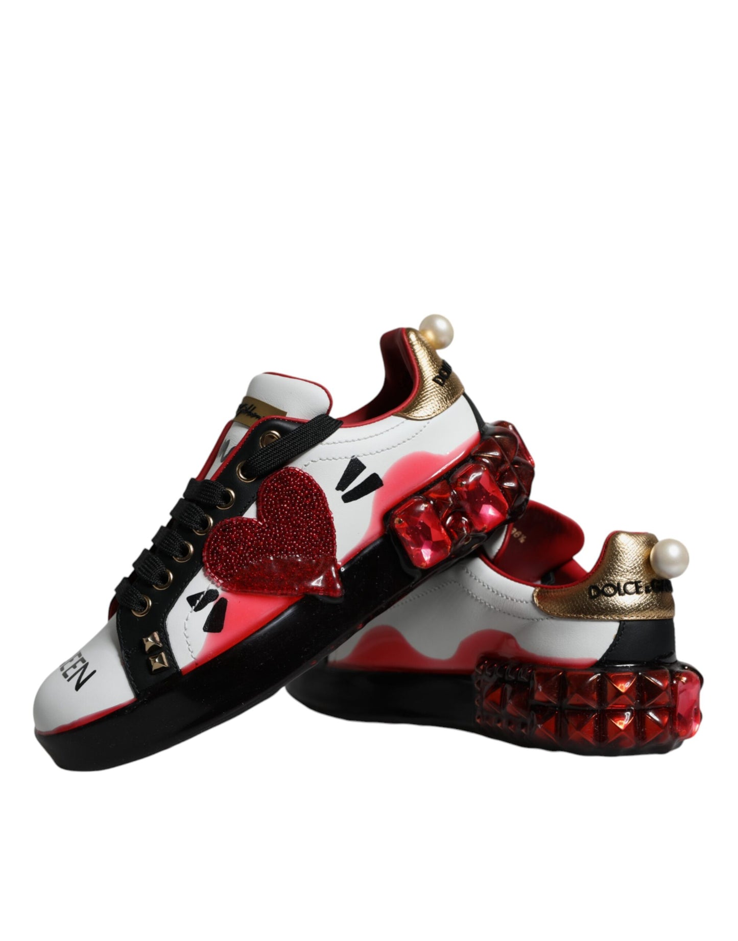 Dolce & Gabbana White Red Crystals Leather Portofino Sneakers