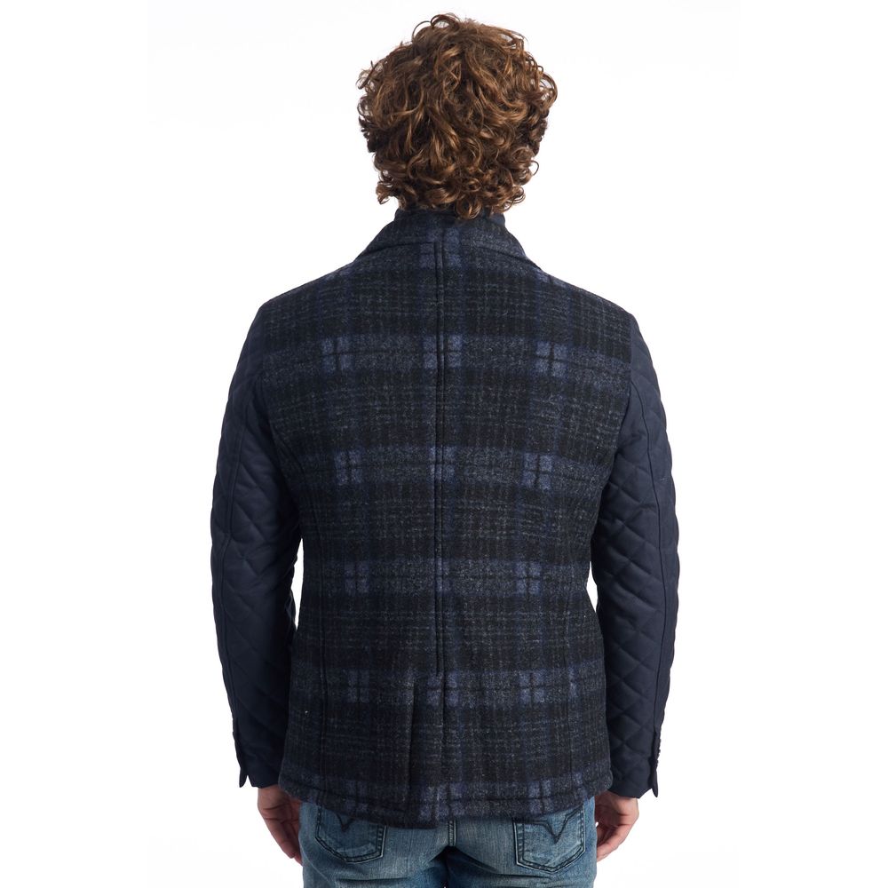Stylish Blue Wool Jacket with Quilted Sleeves