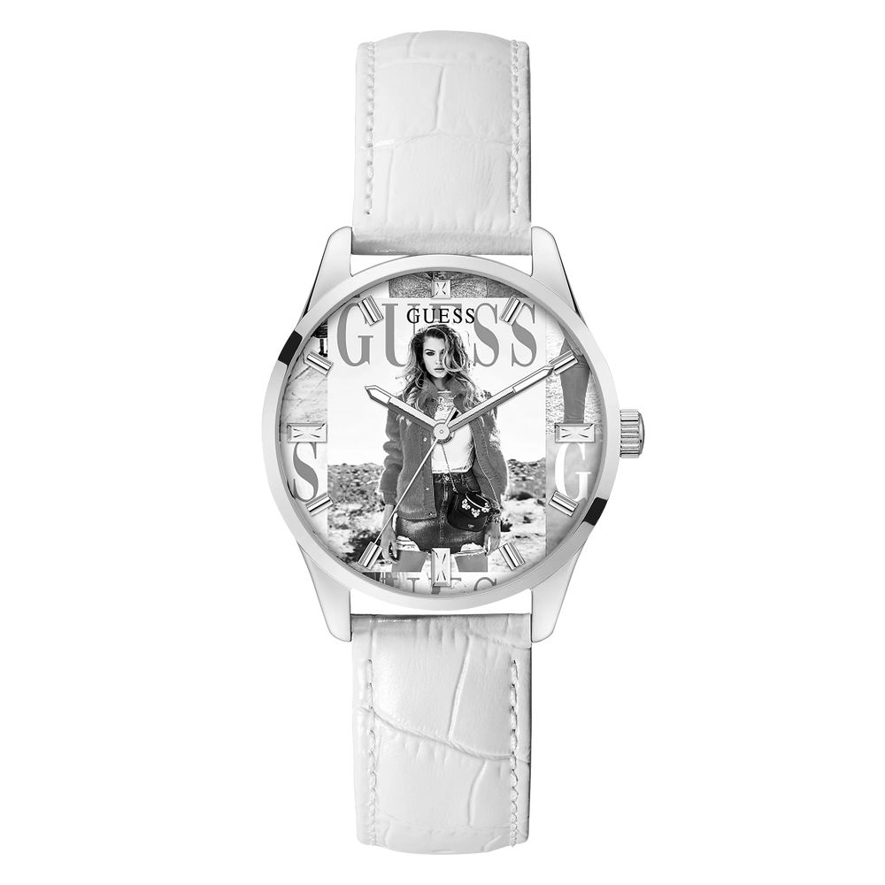 Guess Women's Watch, Grey Dial, White Leather Strap