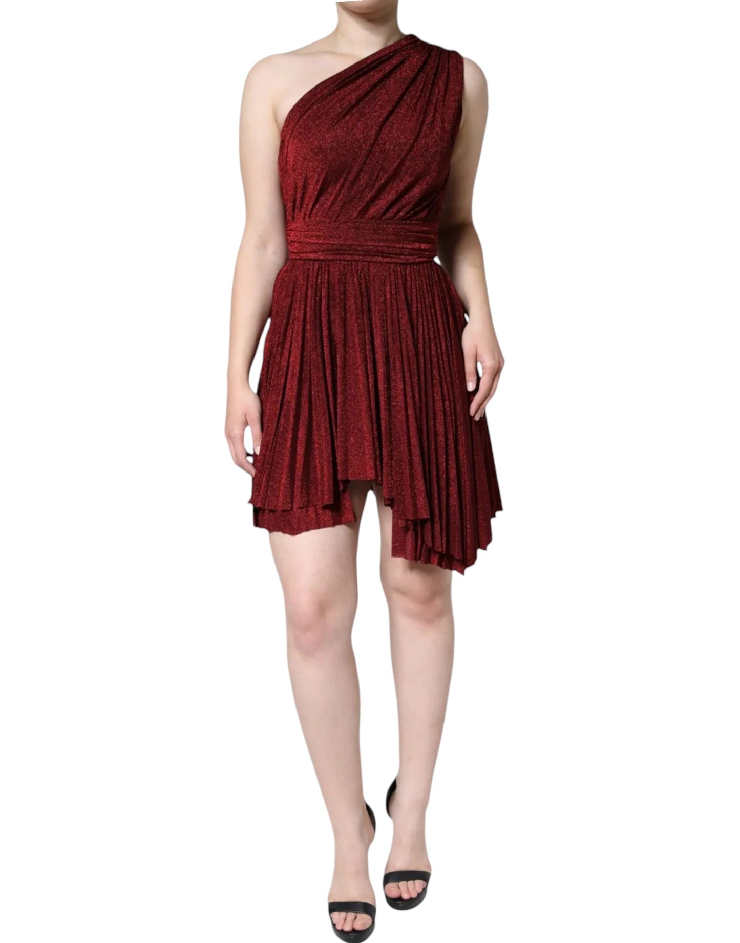 - Red One Shoulder Pleated A-line Mini Dress