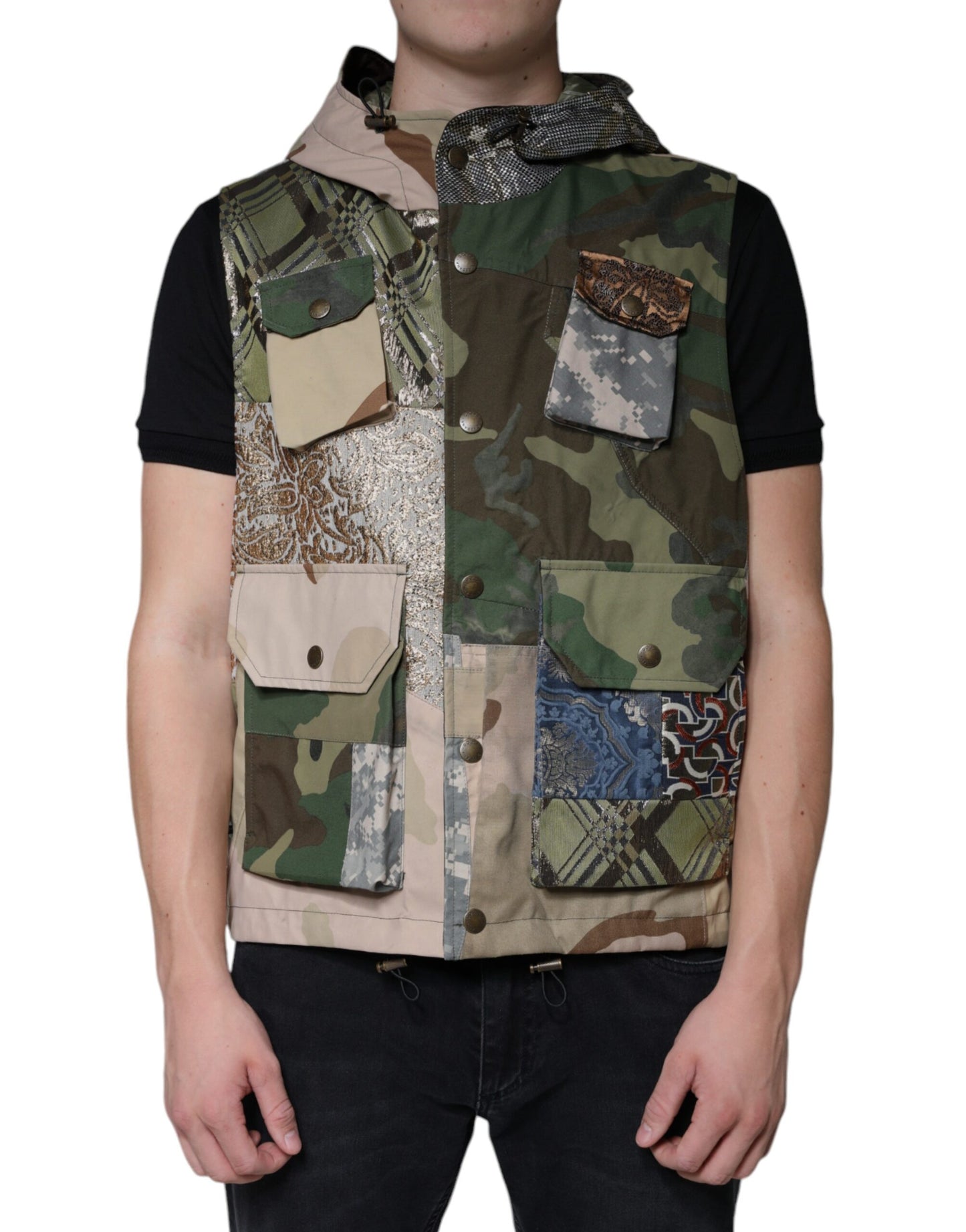 - Multicolor Patchwork Hooded Vest Jacket