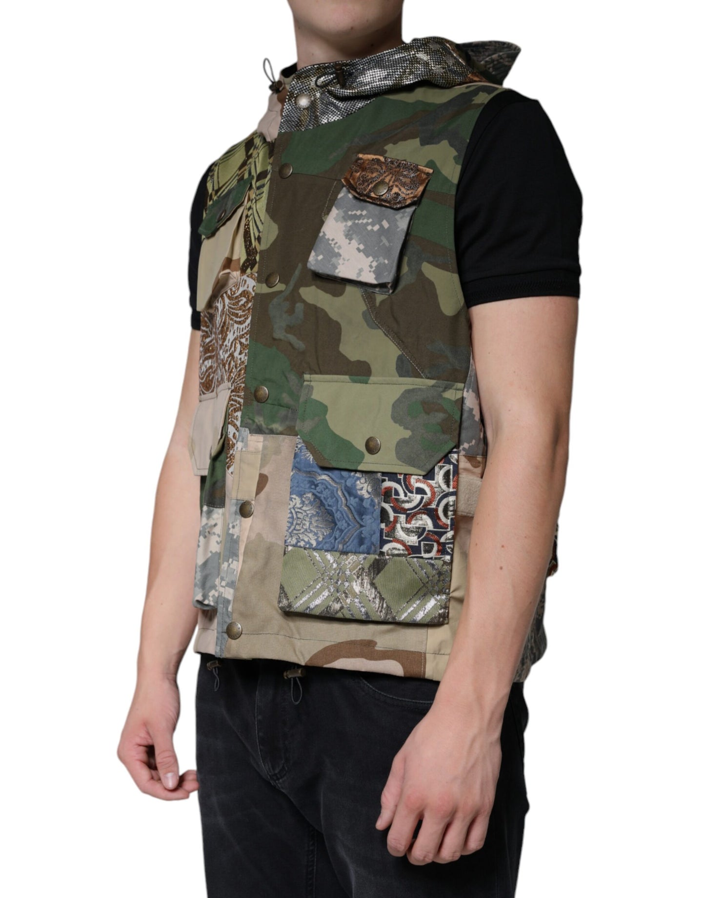 - Multicolor Patchwork Hooded Vest Jacket