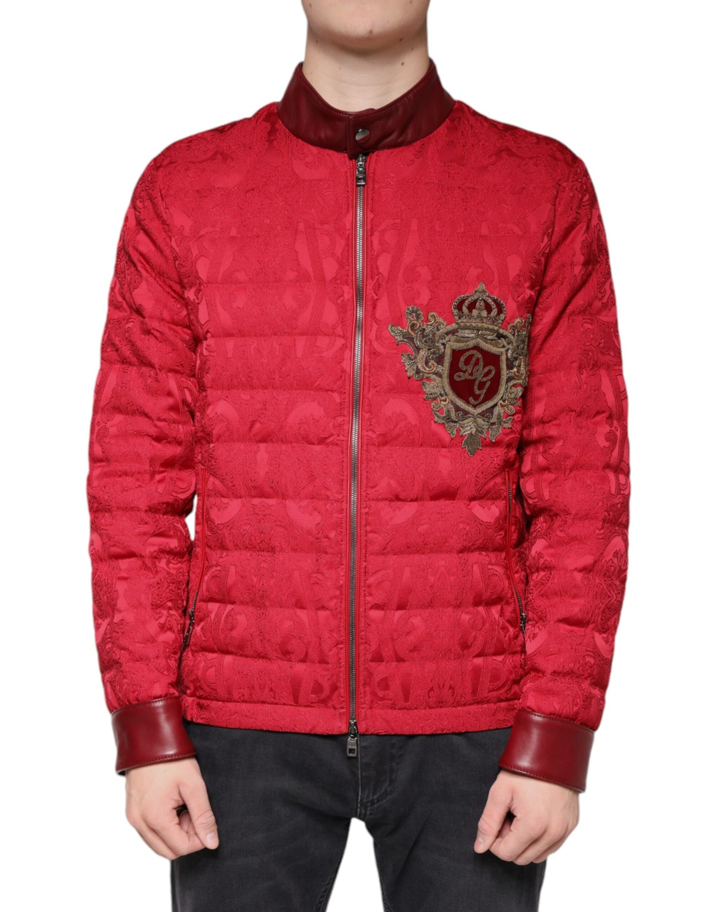 - Red Quilted Bomber Gold Crown Logo Jacket
