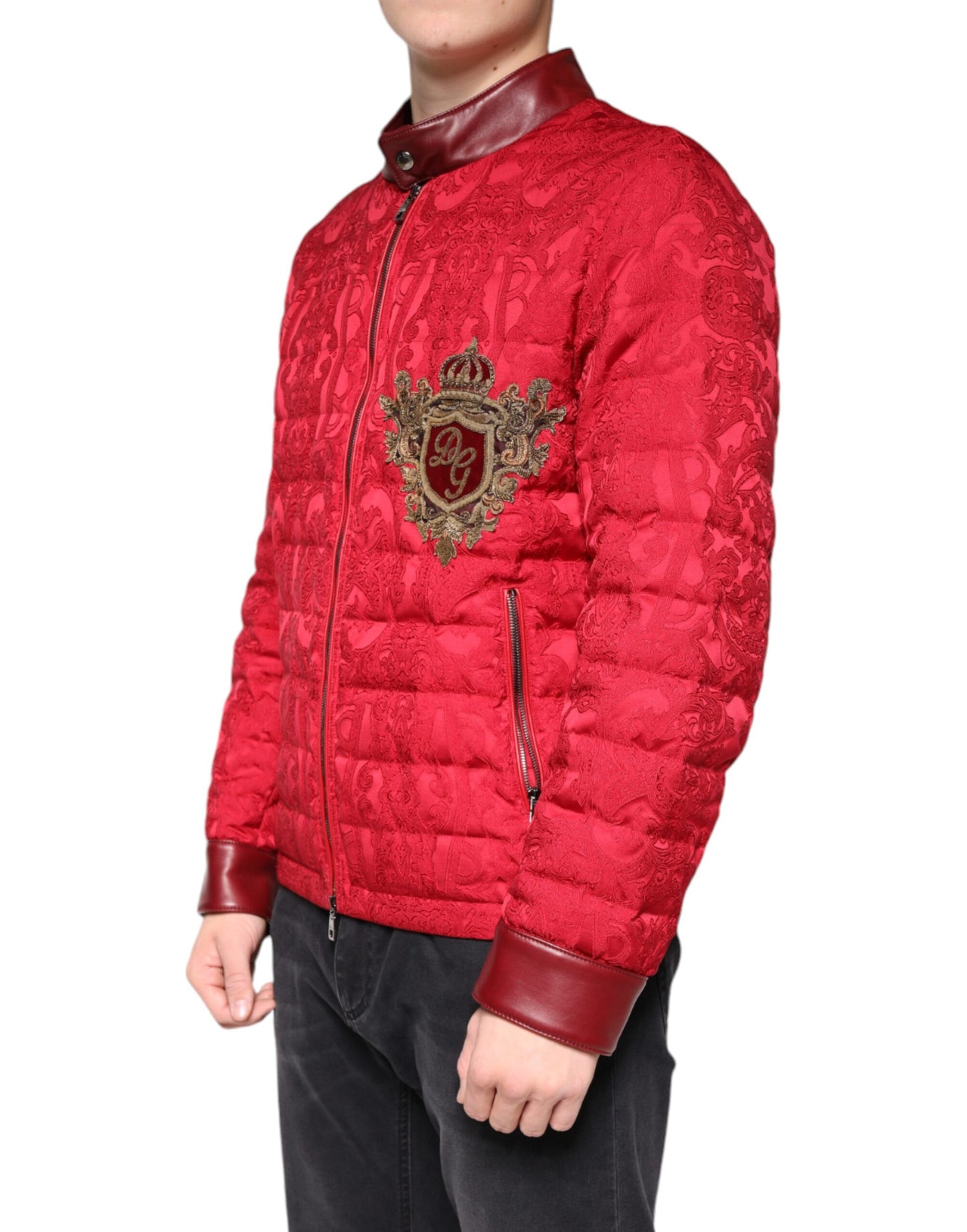 - Red Quilted Bomber Gold Crown Logo Jacket