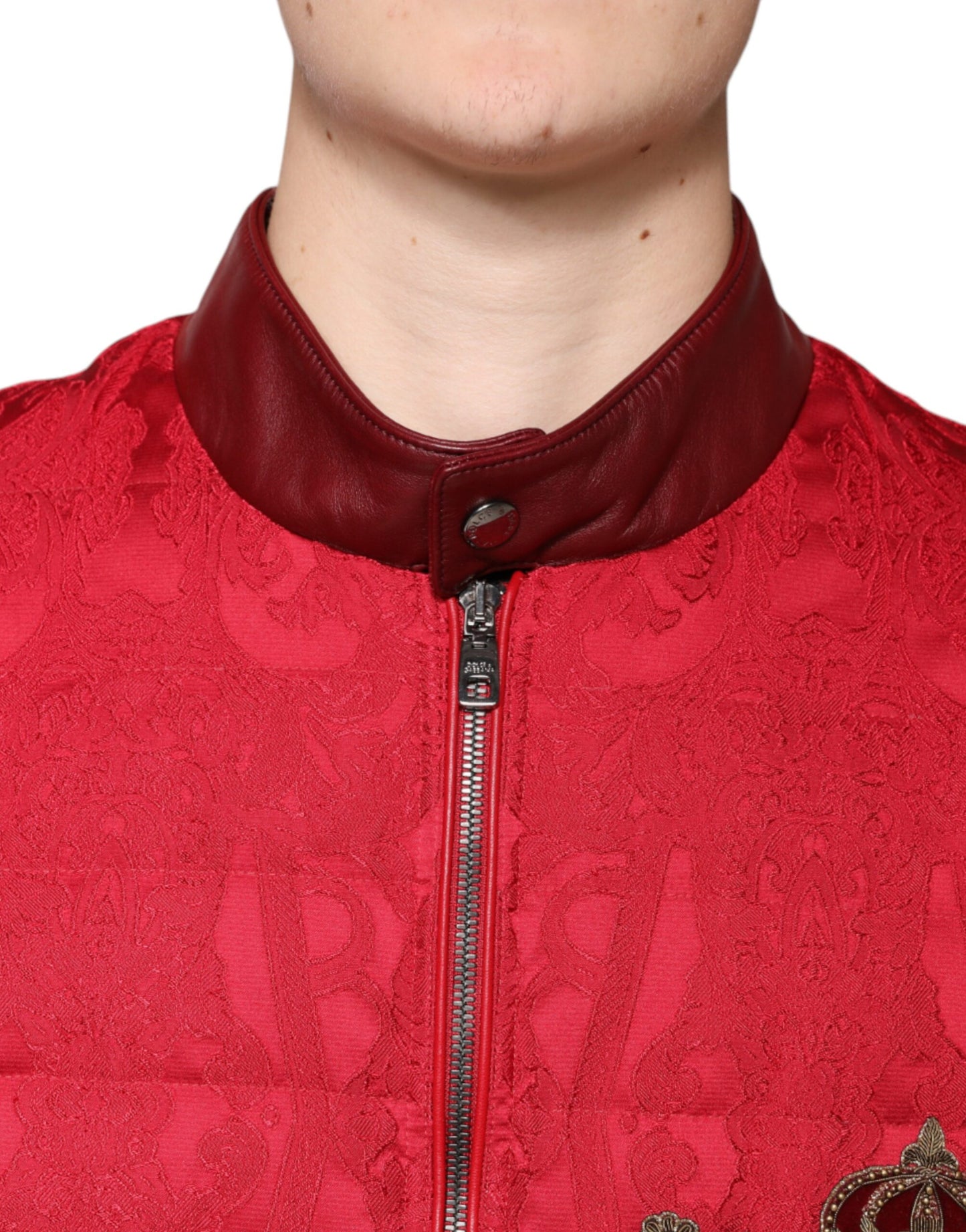 - Red Quilted Bomber Gold Crown Logo Jacket