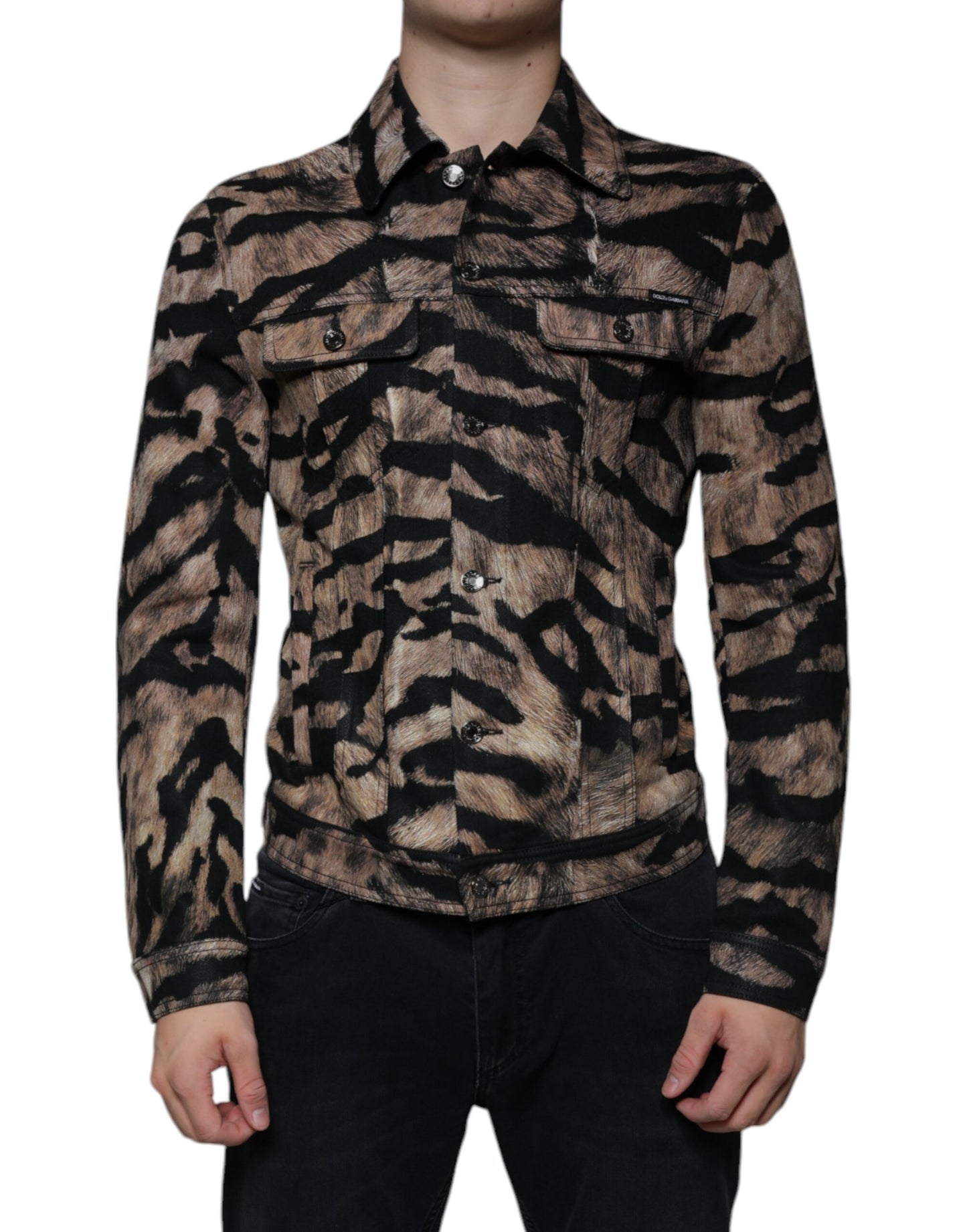- Brown Tiger Button Down Collared Jacket