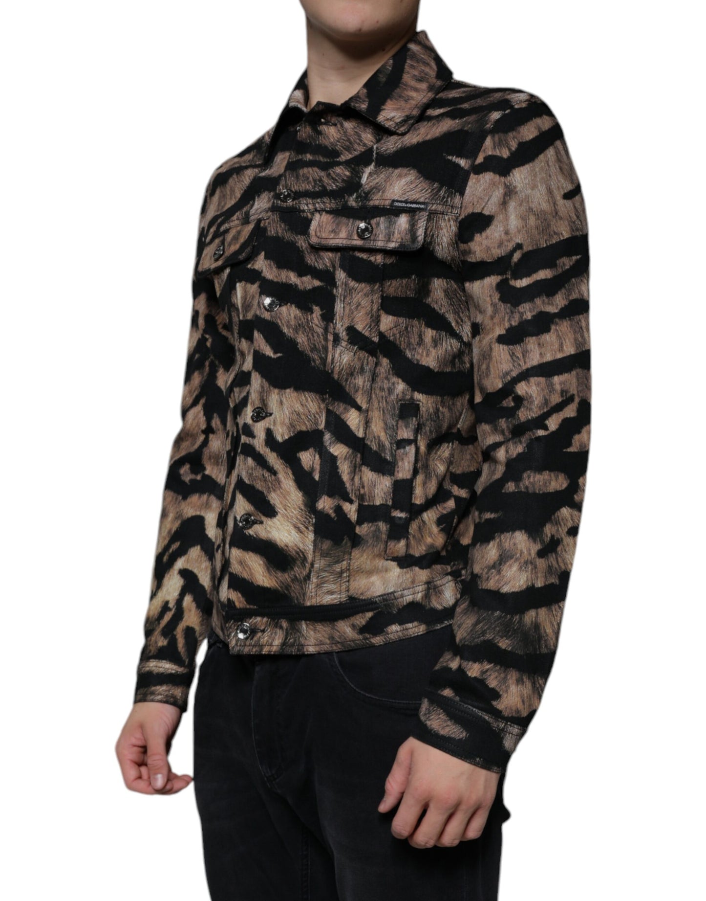 - Brown Tiger Button Down Collared Jacket