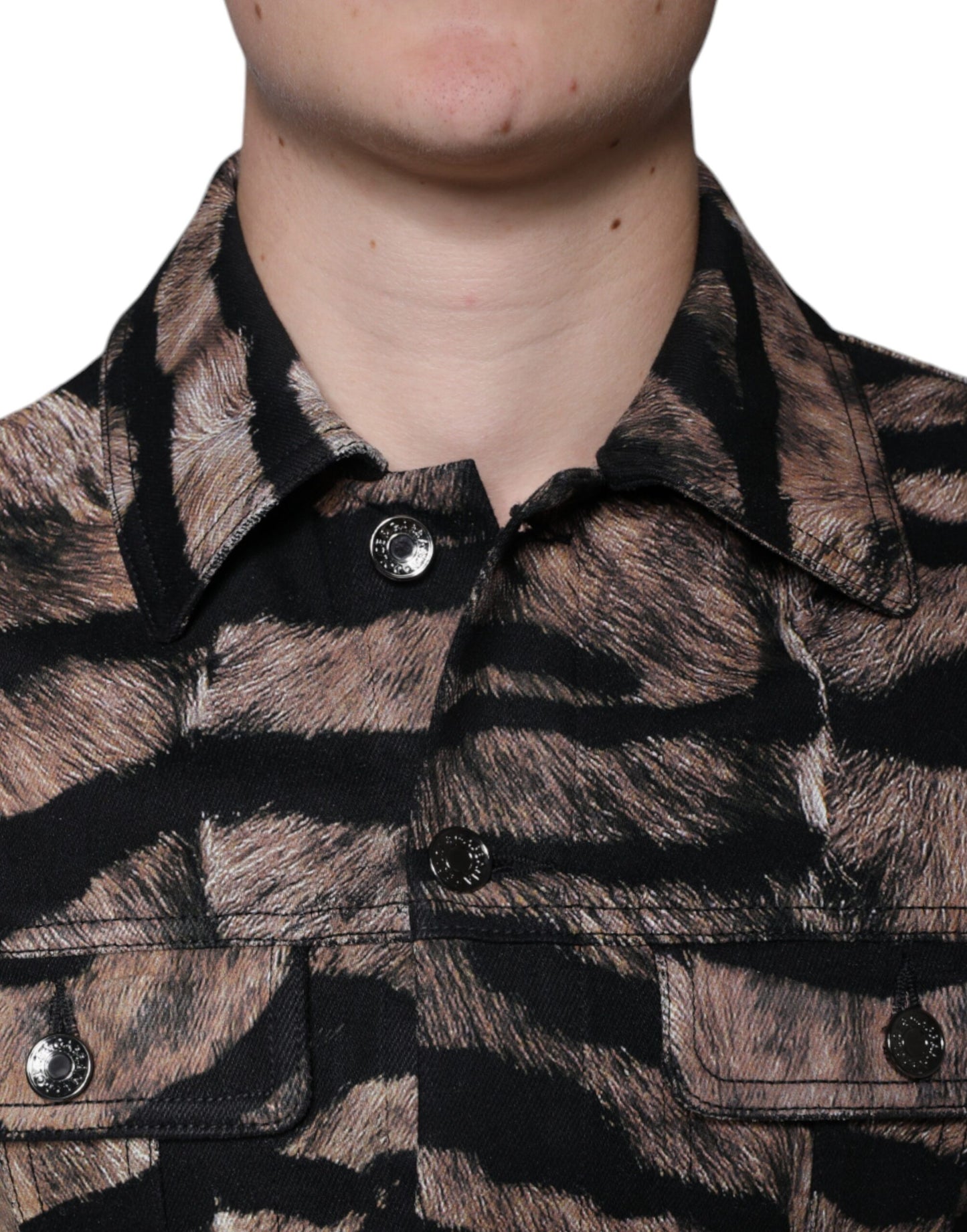 - Brown Tiger Button Down Collared Jacket