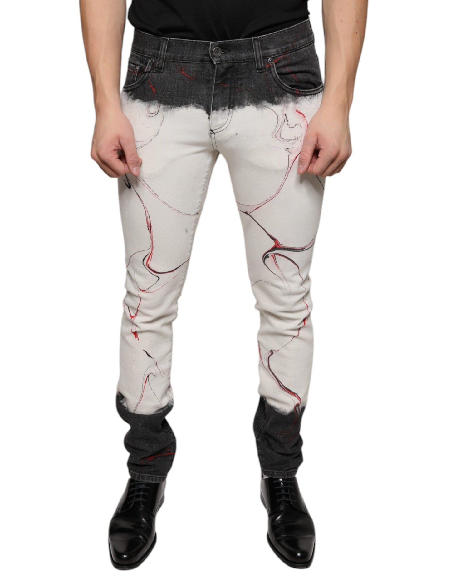 - Black White Printed Skinny Men Denim Jeans