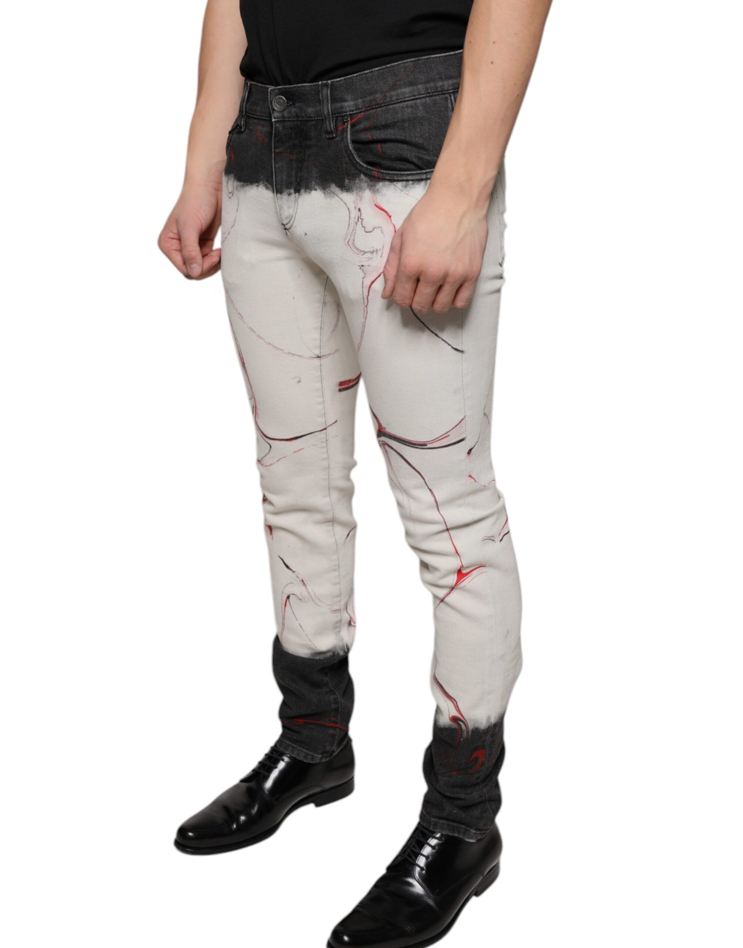 - Black White Printed Skinny Men Denim Jeans