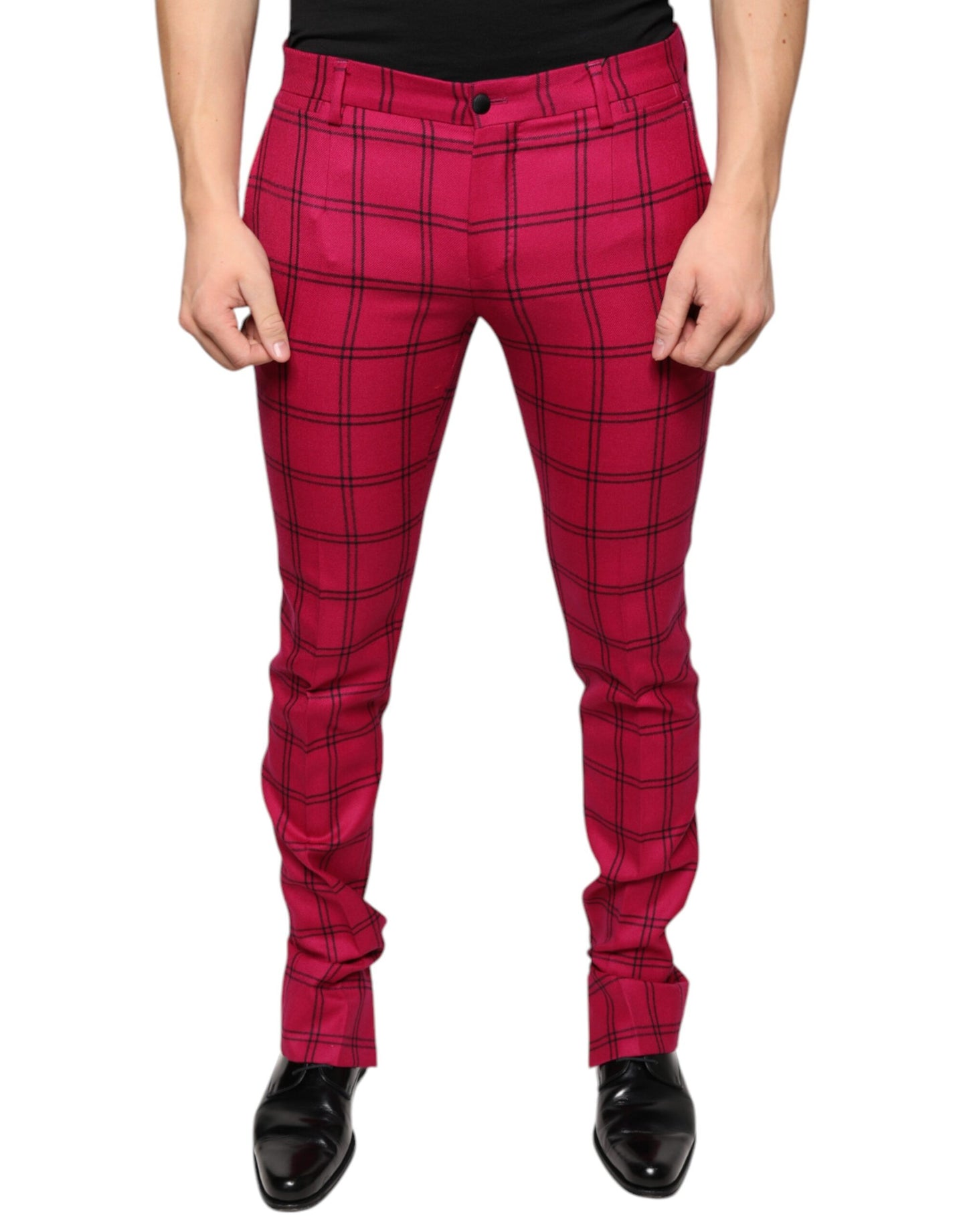 - Pink Checkered Wool Skinny Pants