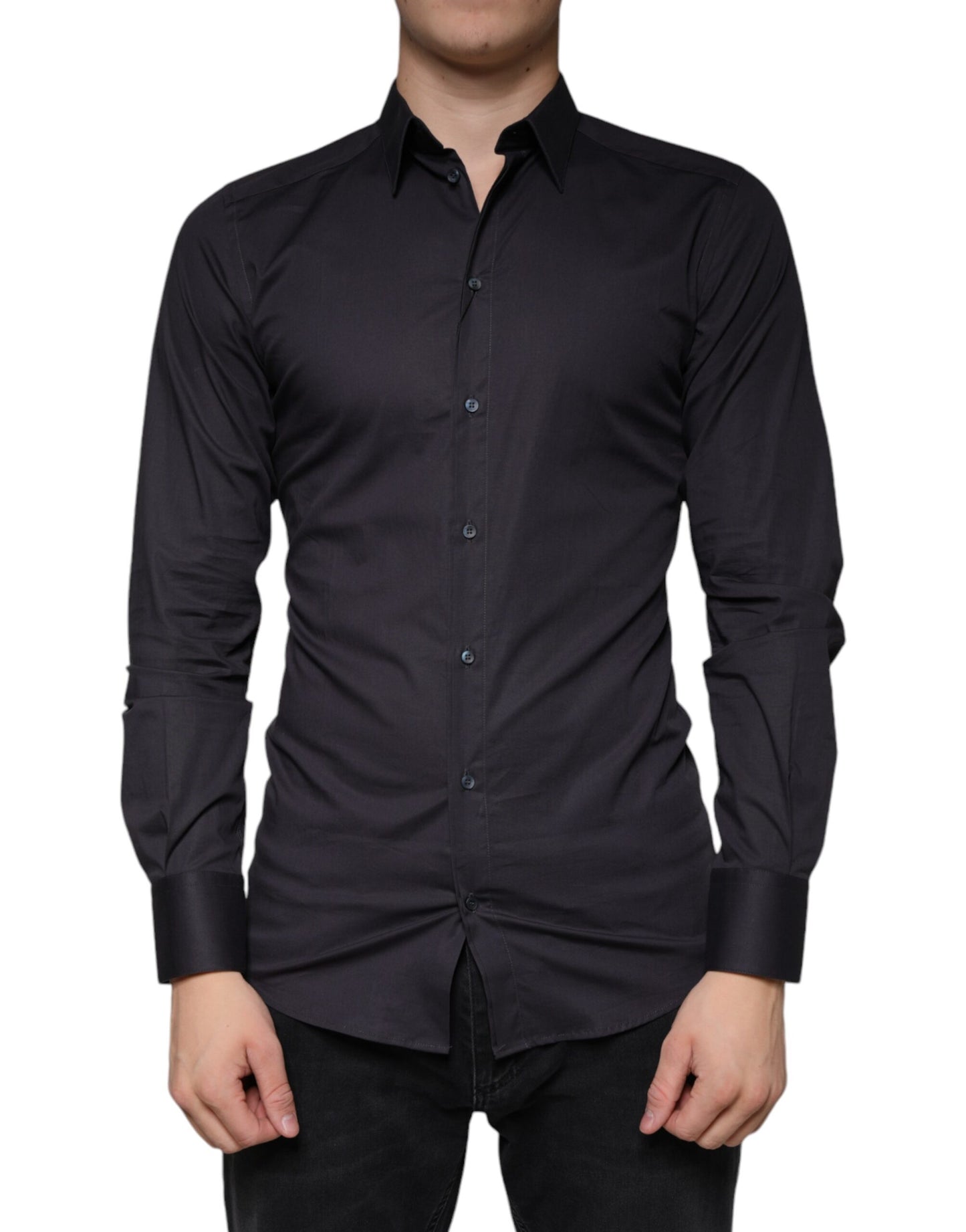 - Black Cotton Stretch Dress GOLD Formal Shirt