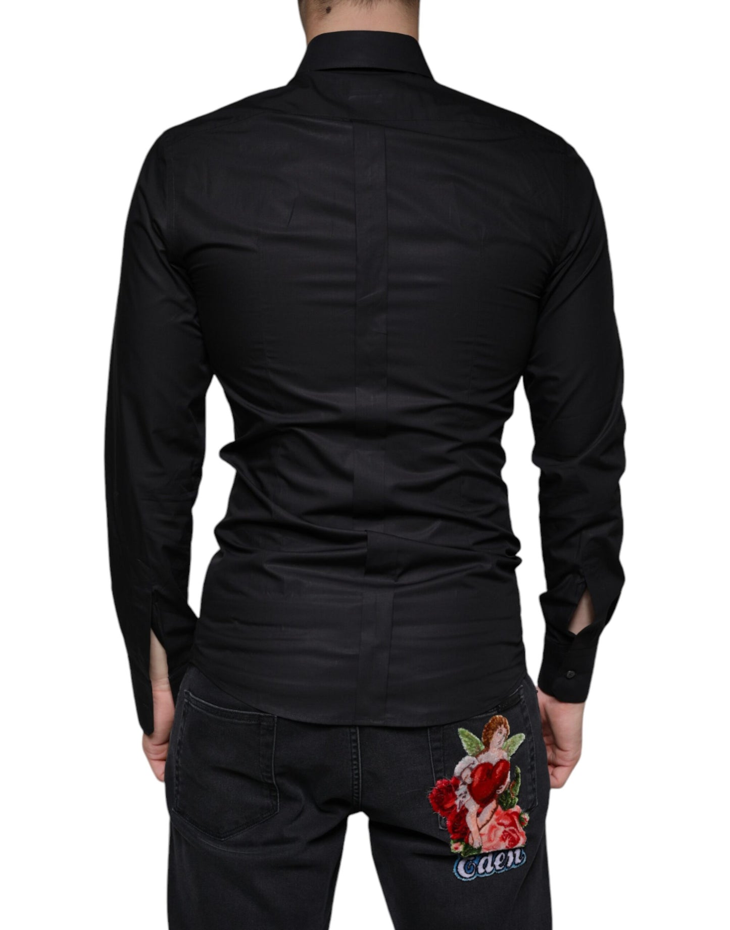 - Black Cotton Stretch Dress GOLD Formal Shirt