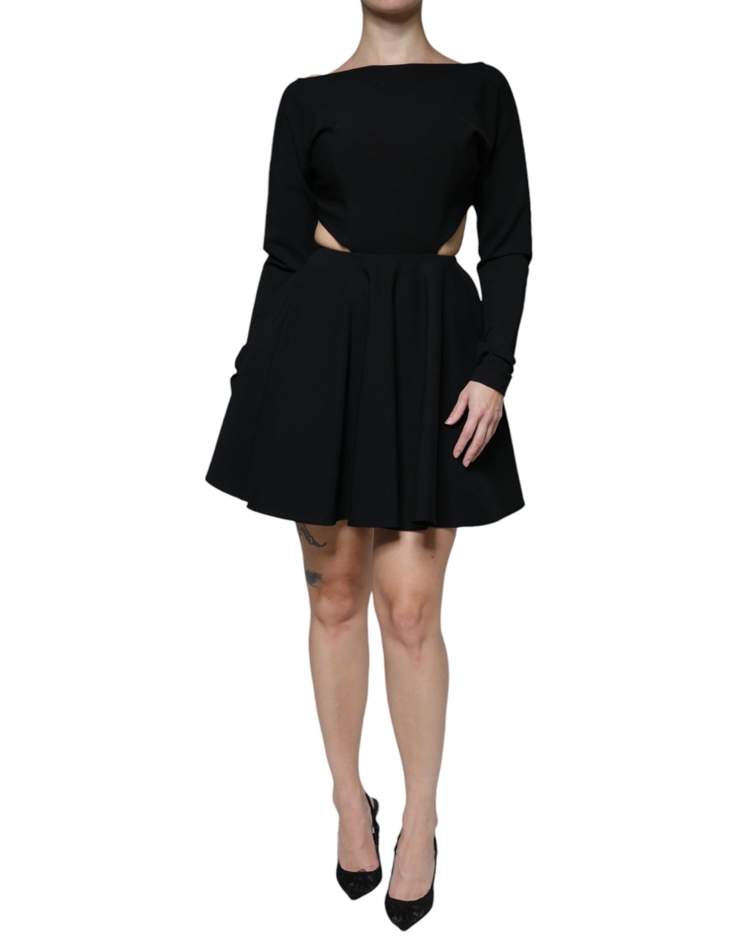 - Black Viscose Cut Out A-line Long Sleeves Mini Dress