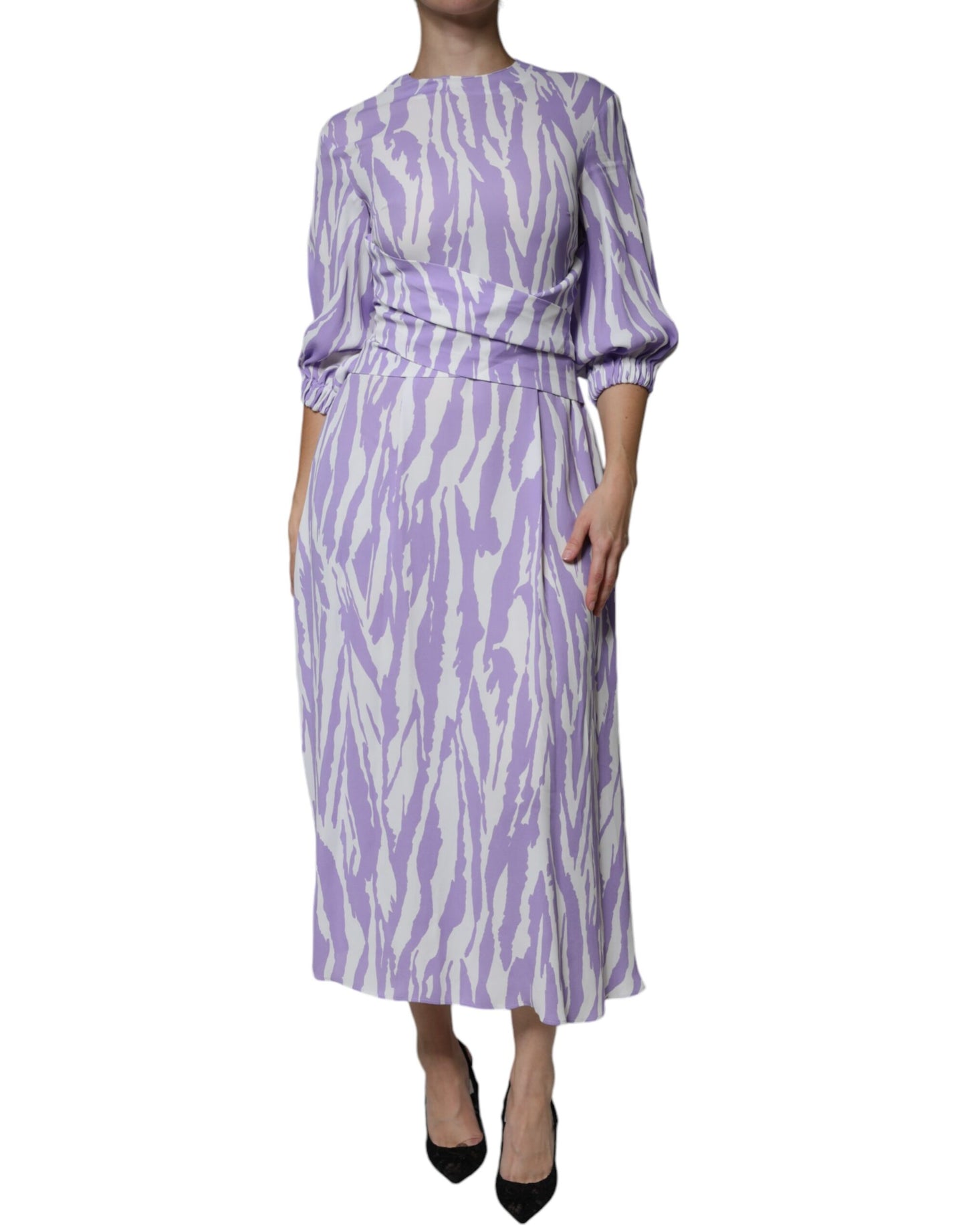 - White Purple Patterned Viscose Short Sleeves Maxi Dress