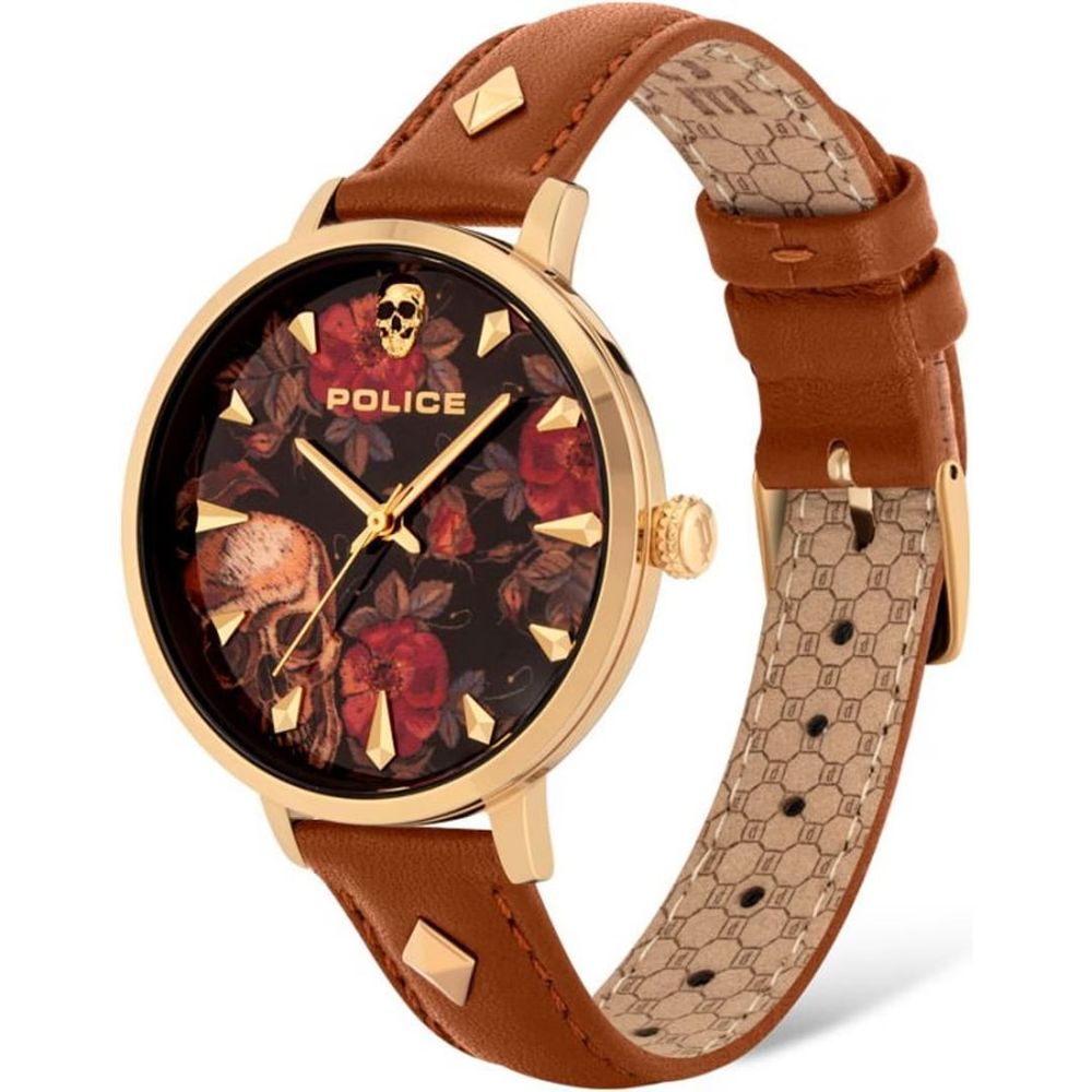 Police Women’s Brown Leather Strap Watch with Golden Case – 36mm