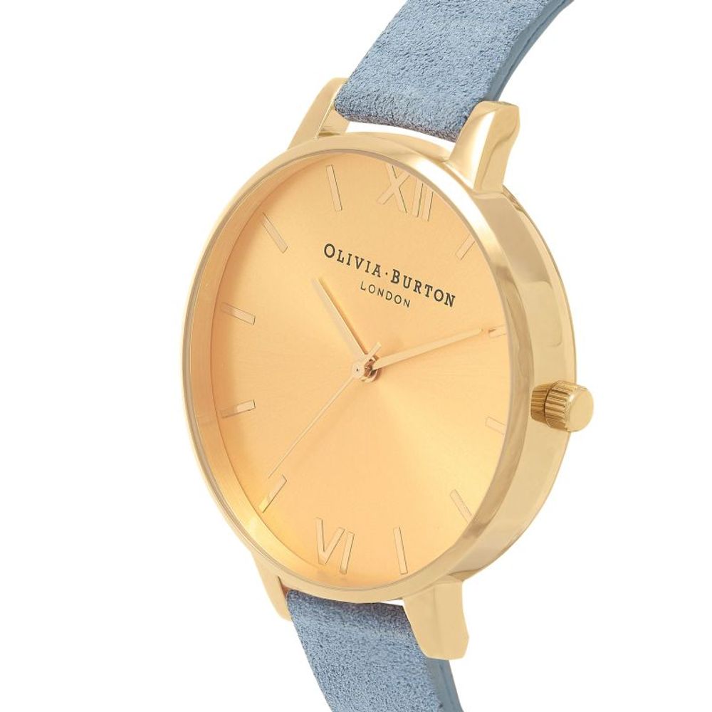 Olivia Burton Women’s Watch, Floral Dial, Golden Blue Synthetic Leather Strap