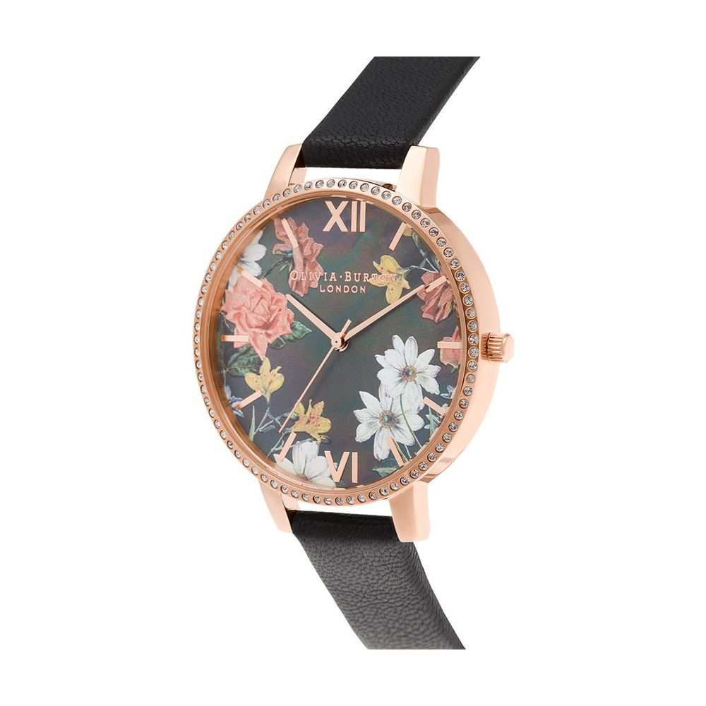 Olivia Burton Women’s Watch, Floral Motif, Black Synthetic Leather Strap