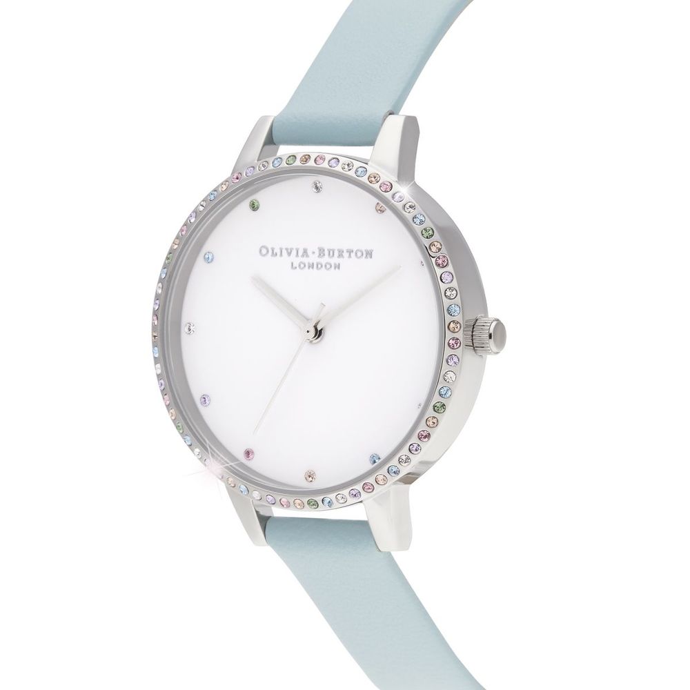 Olivia Burton Women’s Watch, Rhinestone Detail, Blue Synthetic Leather Strap