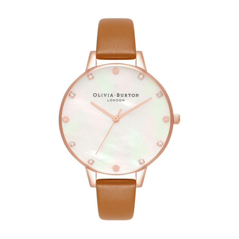 Olivia Burton Women’s Watch, Pearl White Sphere, Brown Synthetic Leather Strap