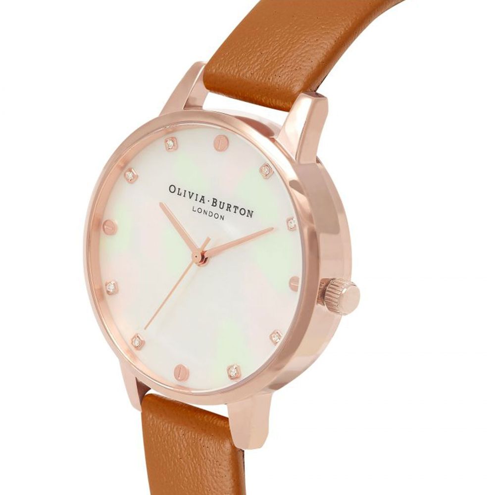 Olivia Burton Women’s Watch, Pearl White Sphere, Brown Synthetic Leather Strap