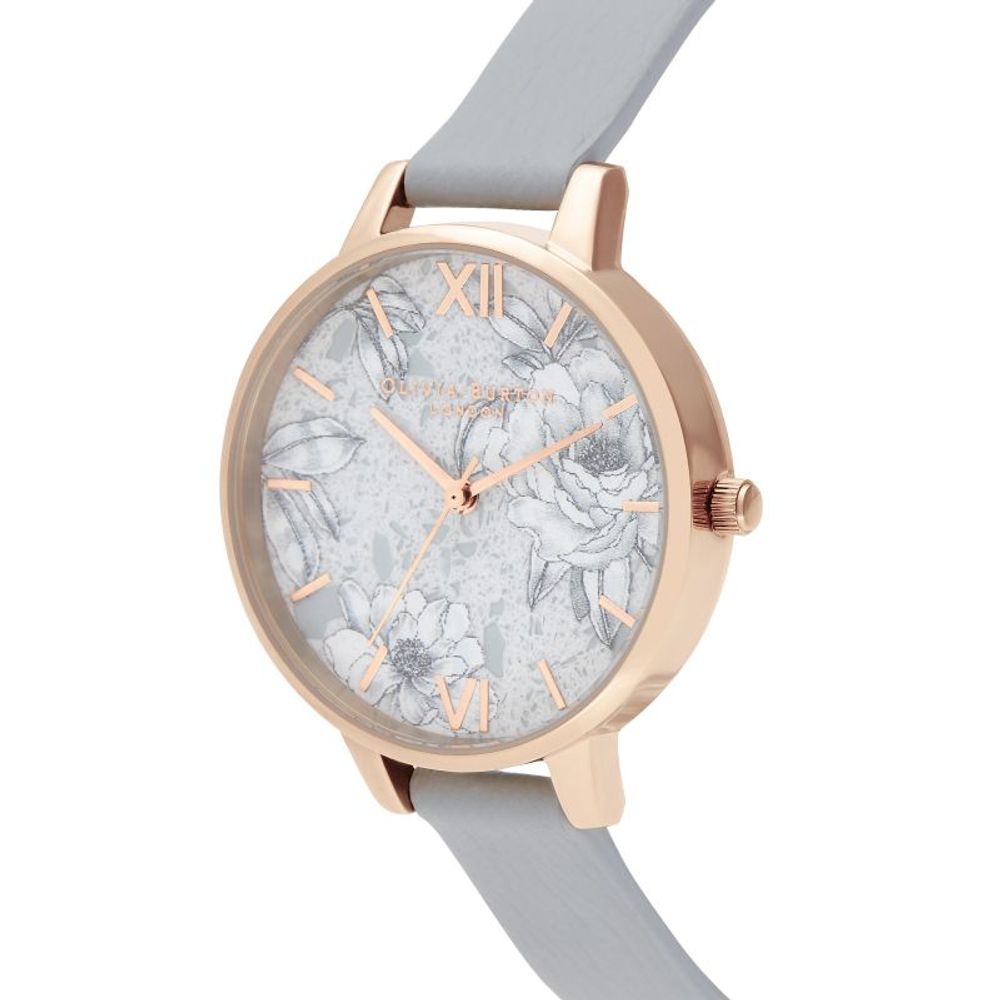 Olivia Burton Women’s Watch, Floral Motif, Grey Synthetic Leather Strap