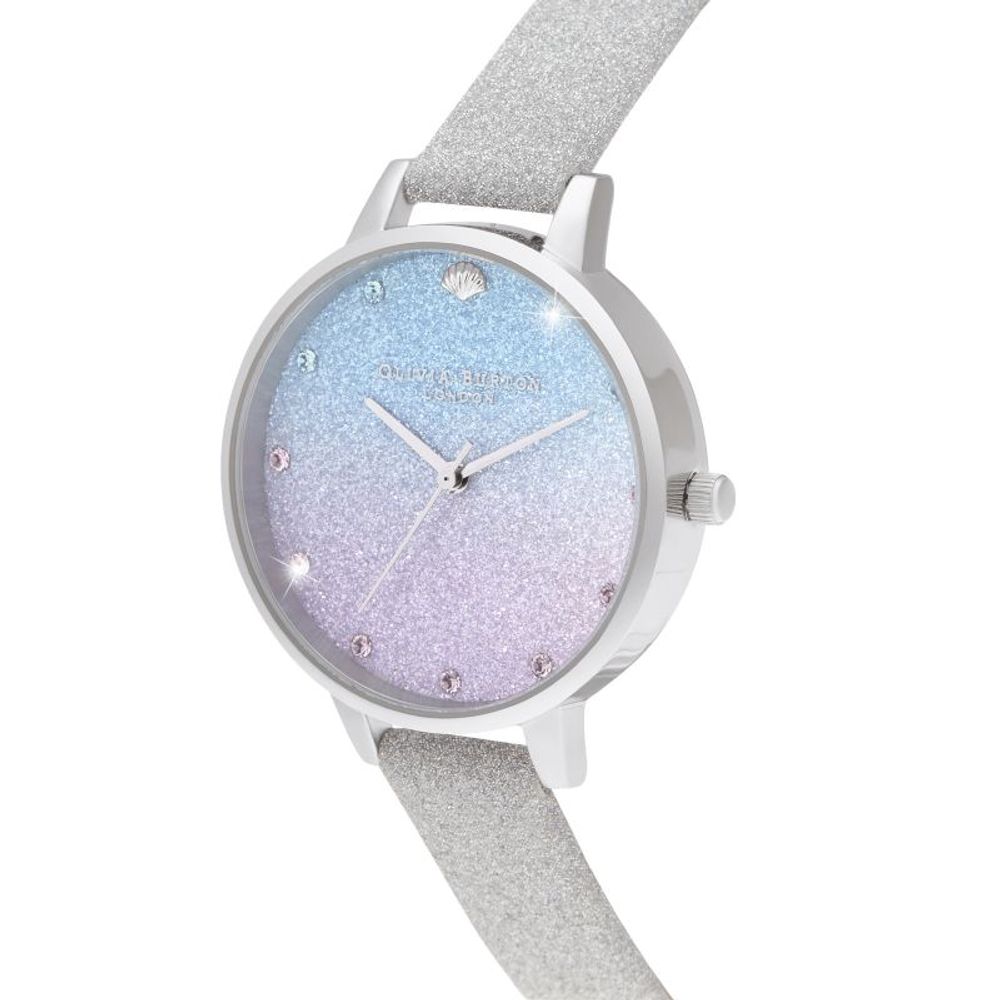 Olivia Burton Women’s Watch, Degraded Glitter Sphere, Grey Synthetic Leather Strap