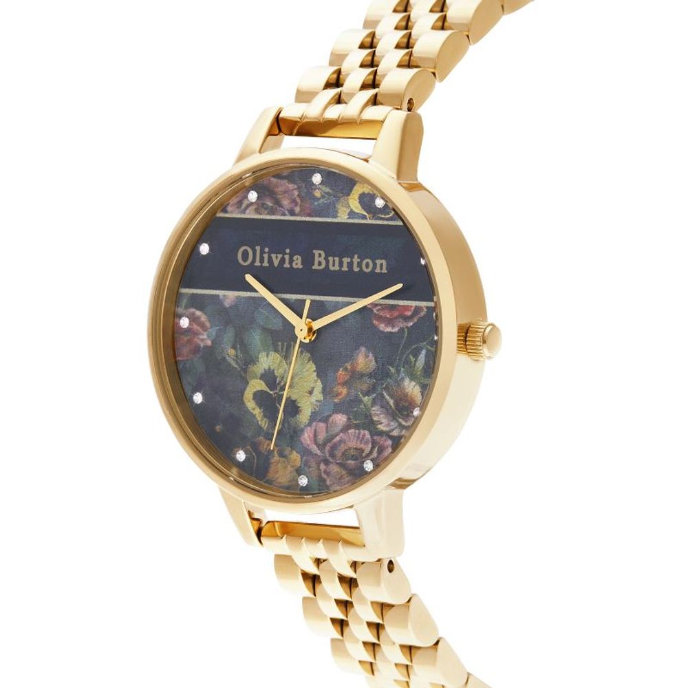 Olivia Burton Women’s Watch, Floral Dial, Gold Steel Bracelet