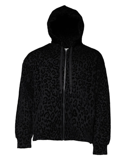 - Black Leopard Cotton Hooded Full Zip Sweater