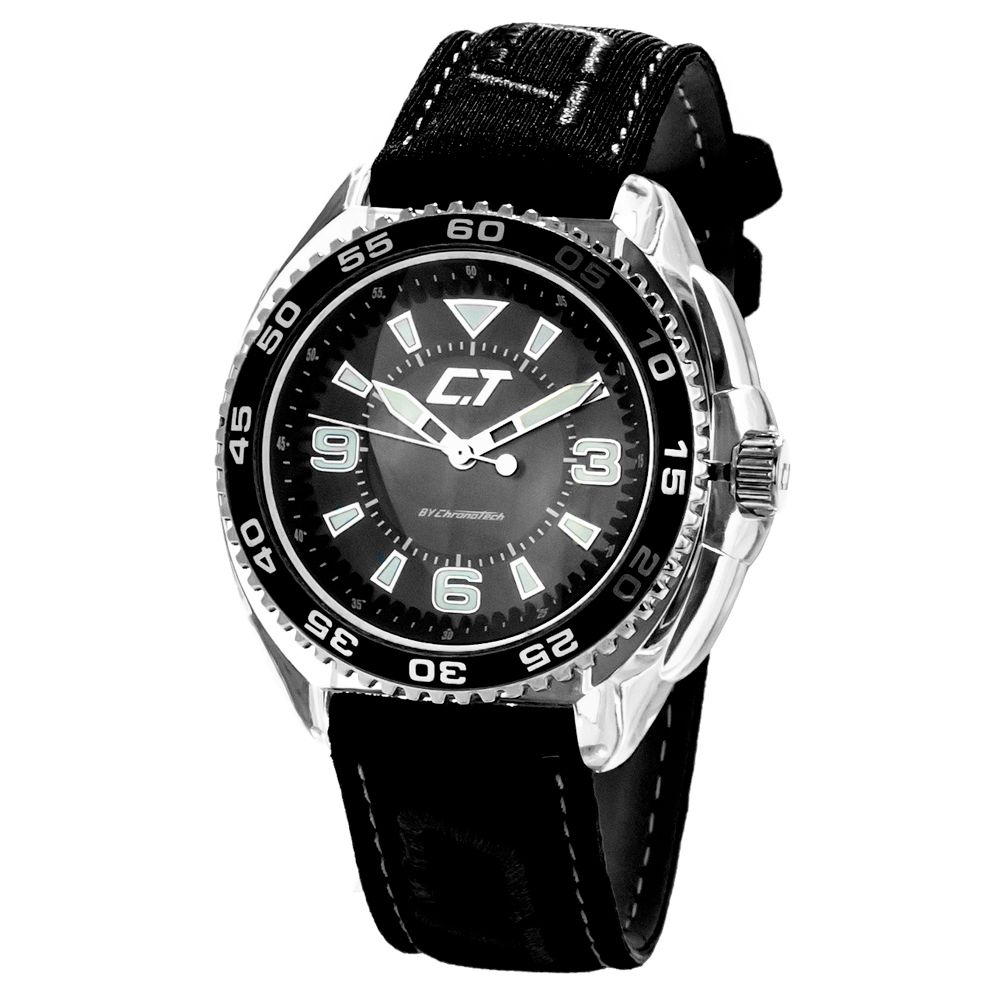 Chronotech Men's Watch, Bold Black Dial, Black Leather Strap