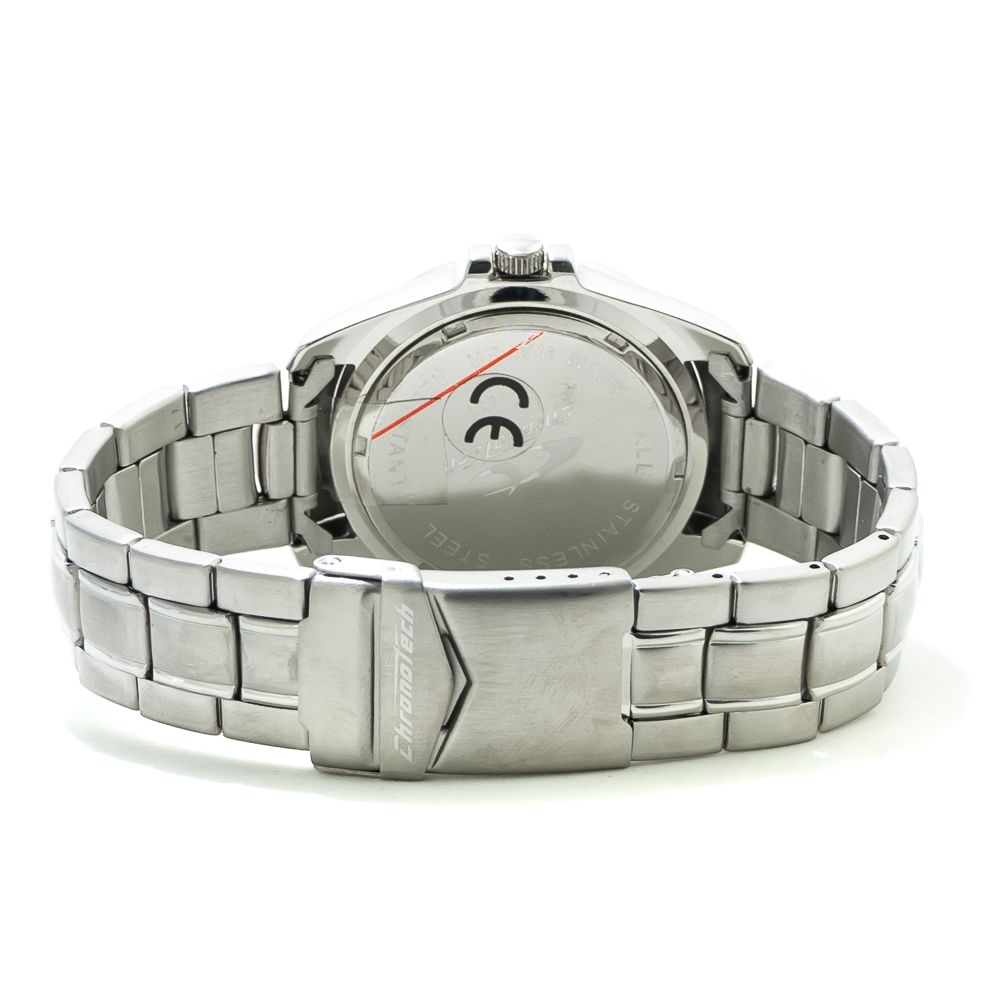 Chronotech Watch, Eye-Catching Orange Dial, Silver Steel Bracelet