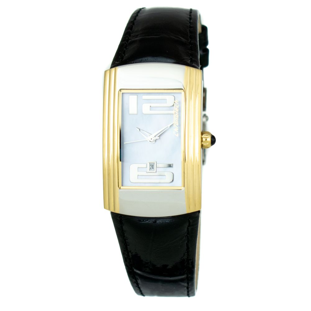 Chronotech Women's Watch, Pearl Dial, Black Leather Strap