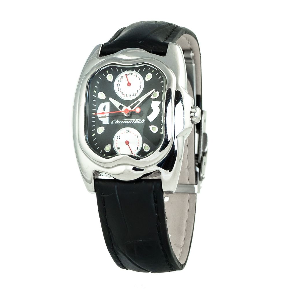 Chronotech Watch, Bold Dual-Cronometro Function, Black Leather Strap