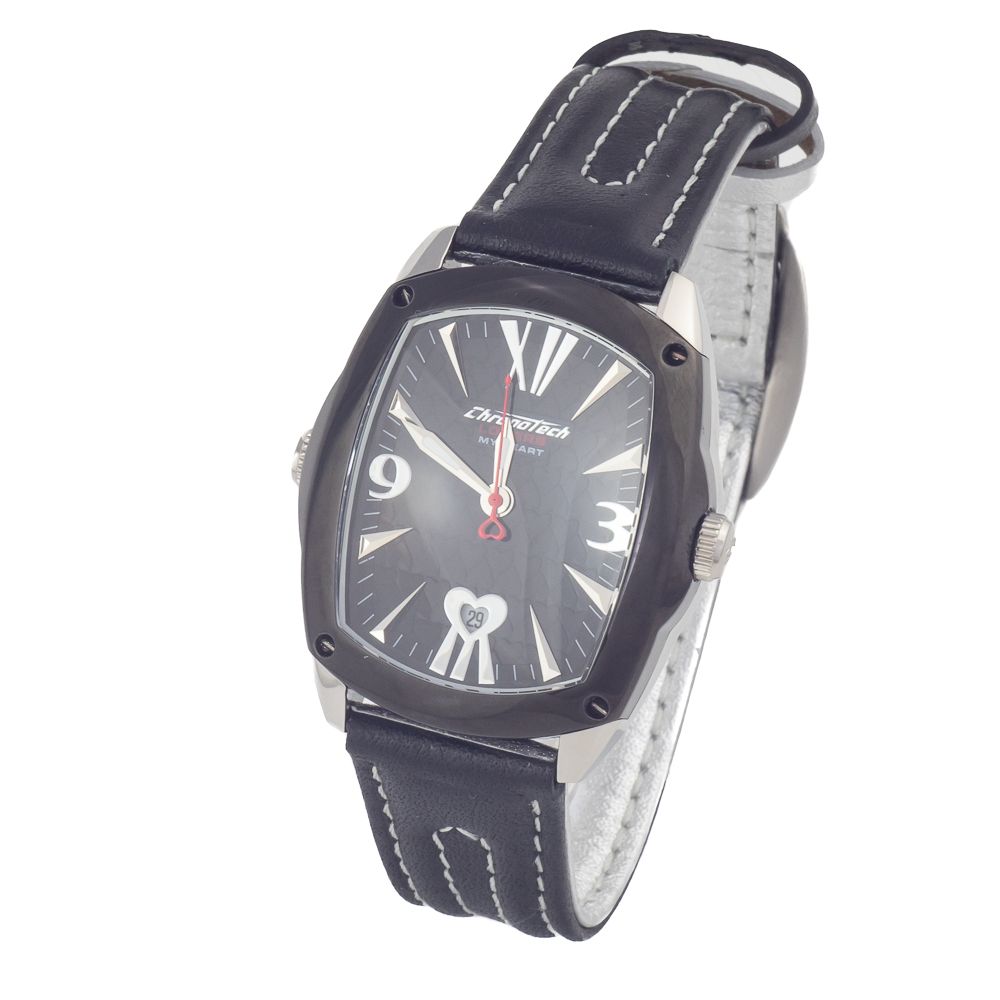 Chronotech Watch, Elegant Analog Dial, Black Leather Strap