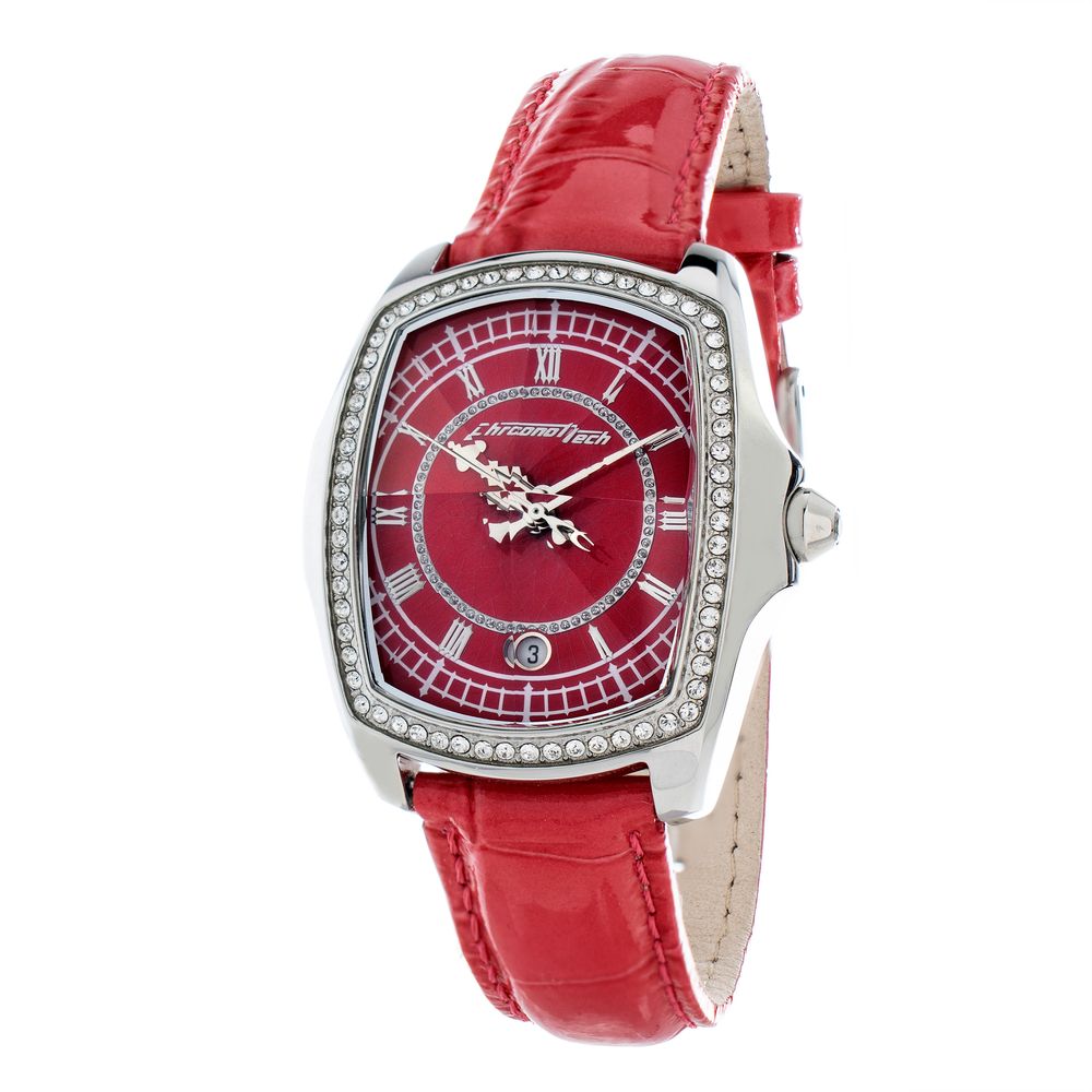 Chronotech Women’s Watch, Striking Red Dial, Silver Leather Strap