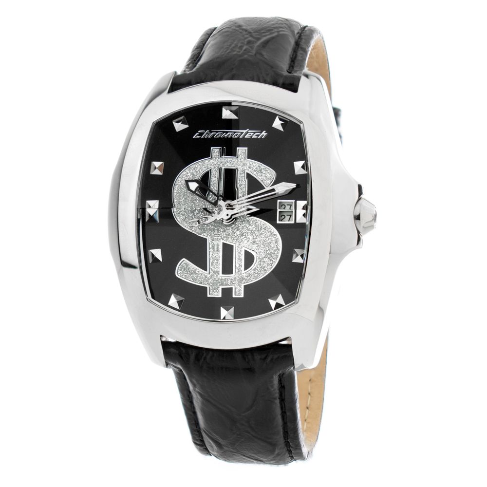 Chronotech Men's Watch, Bold Black Dial, Black Leather Strap