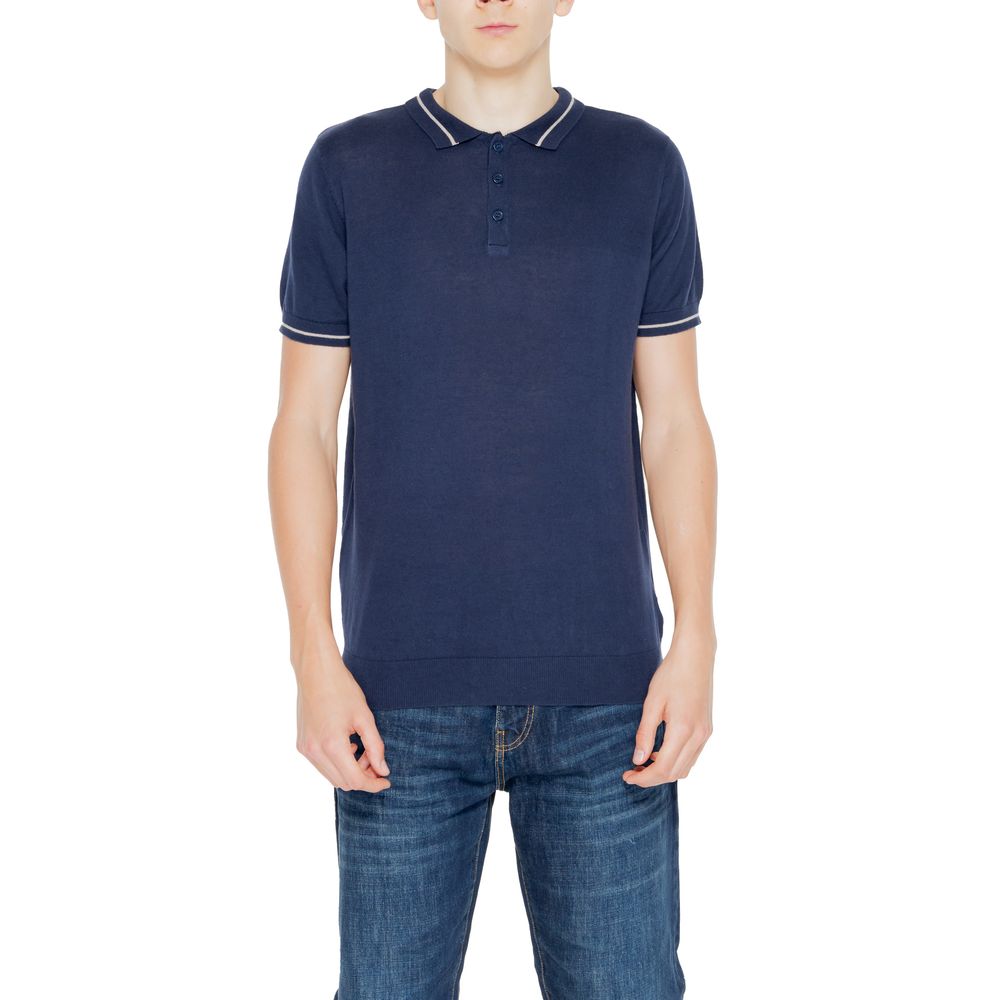 Hamaki-Ho Blue Cotton Short Sleeve Knit Polo T-Shirt for Men