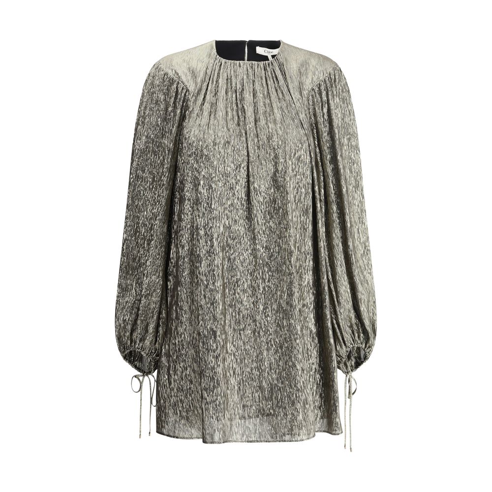 Chloé Silk Lamé Mini Dress in Gold with Puff Sleeves