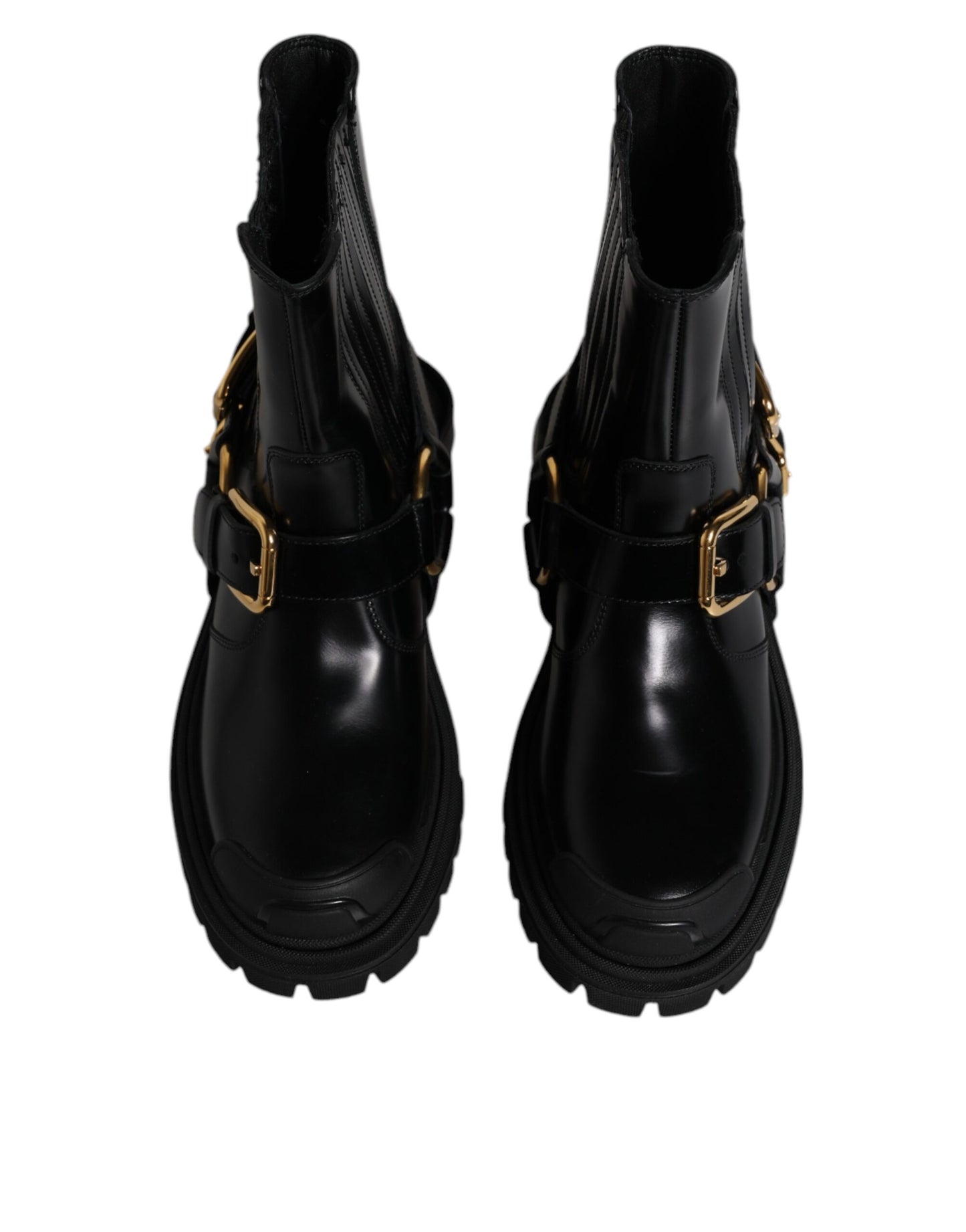 Dolce & Gabbana - Men's Black Leather Slip-On Stretch Trekking Boots with Gold Detailing