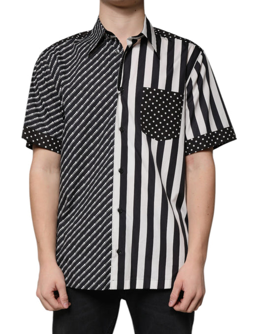 Dolce & Gabbana - Men's Black & White Striped Button-Down Casual Shirt with Short Sleeves