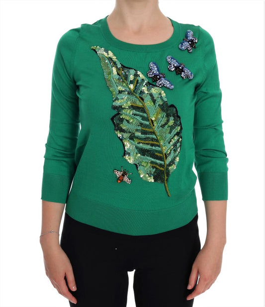- Embellished Green Silk Pullover Sweater