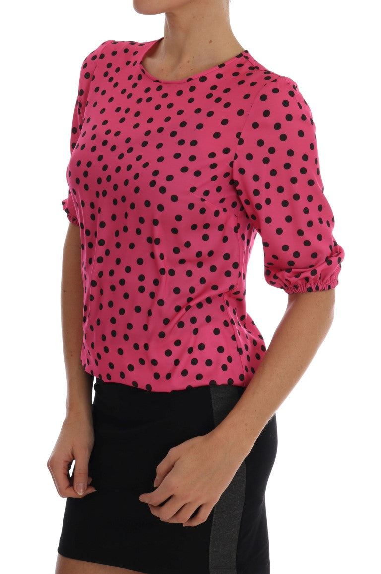 - Chic Pink Polka Dotted Silk Blouse