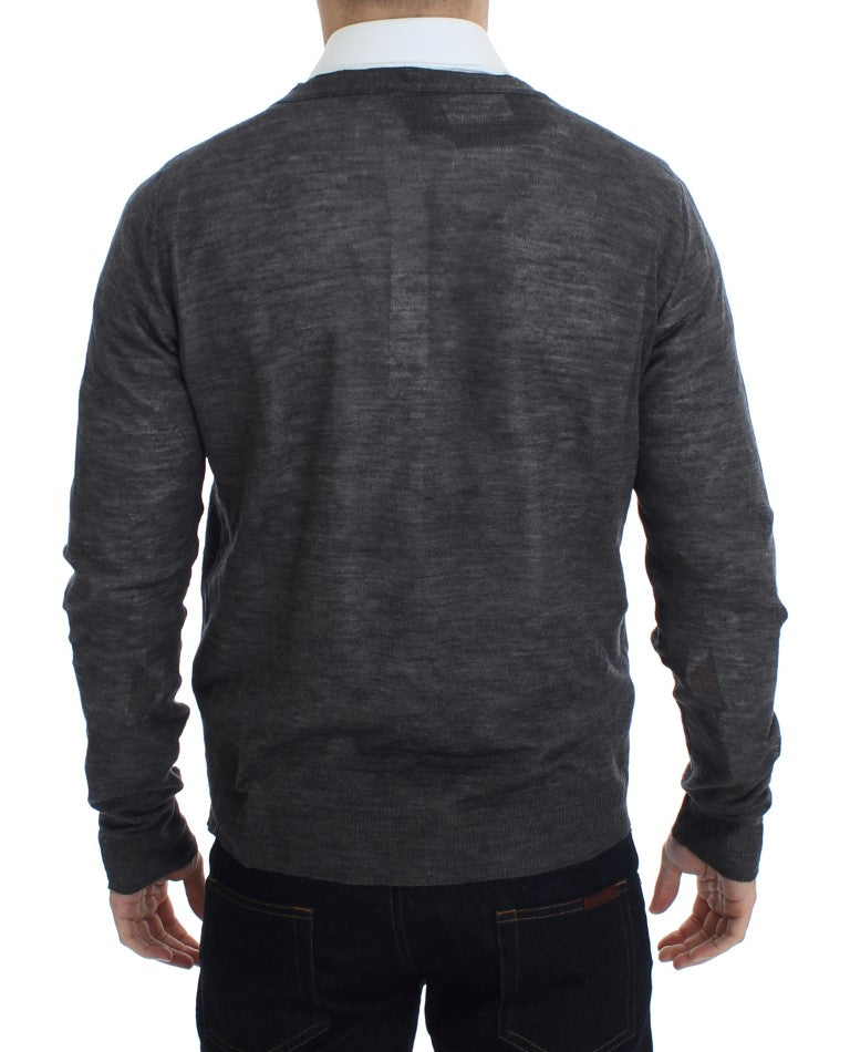 - Elegant Gray Wool Blend Cardigan Sweater