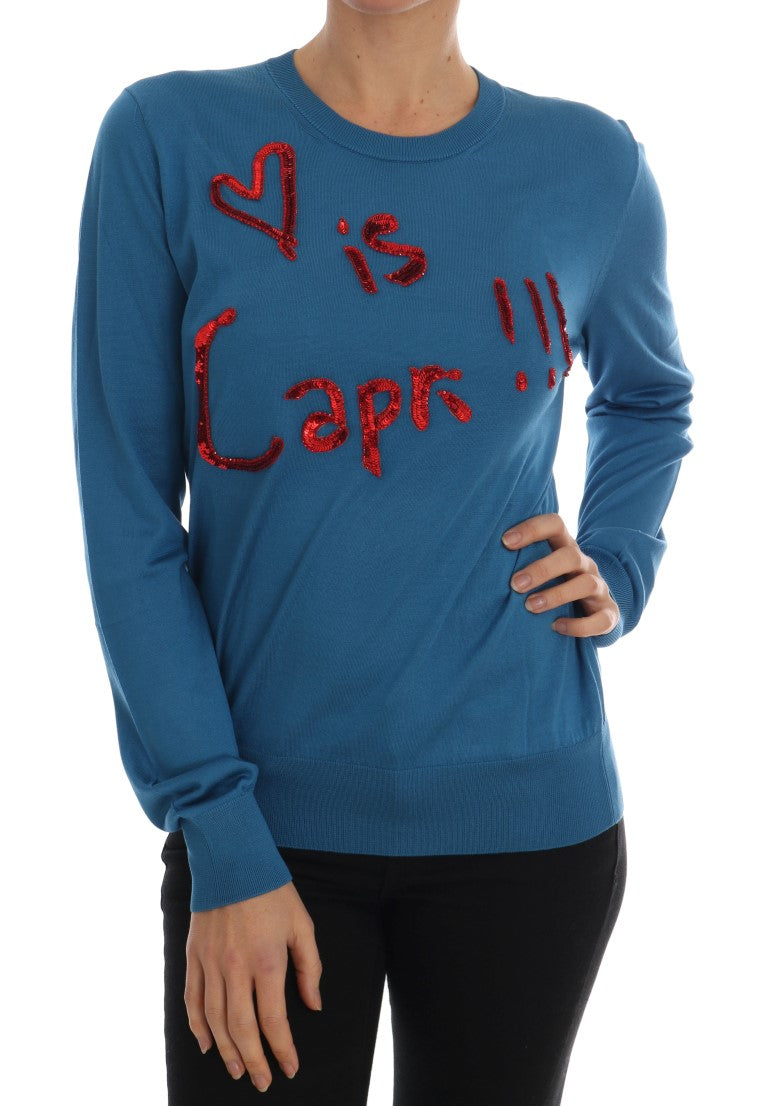 - Blue Silk Sequined Capri Pullover Sweater