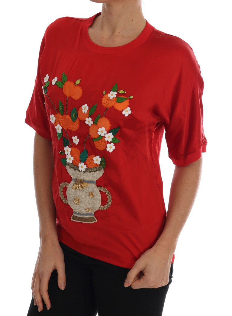 - Red Silk Floral Embroidered Elegance Top