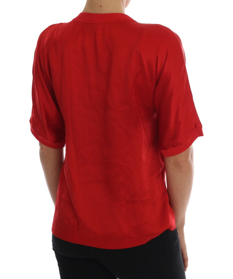 - Red Silk Floral Embroidered Elegance Top