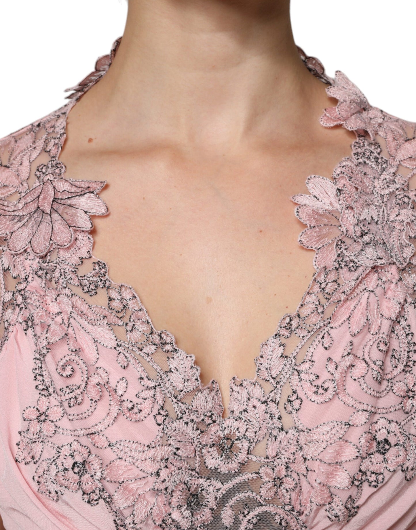 - Ermanno Scervino Pink Floral Lace Short Sleeves V-neck Midi Dress