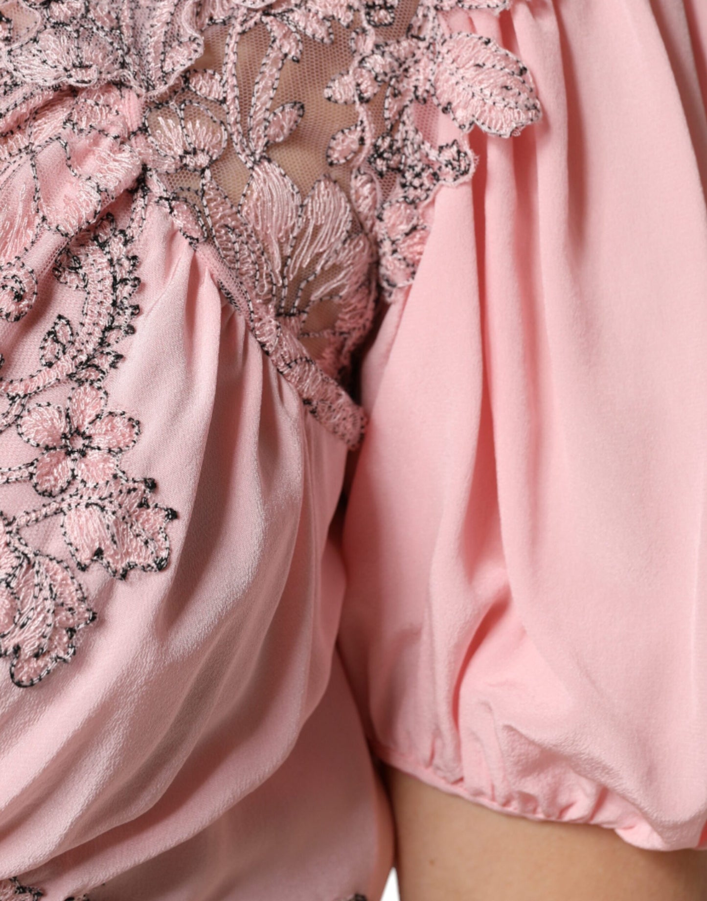 - Ermanno Scervino Pink Floral Lace Short Sleeves V-neck Midi Dress