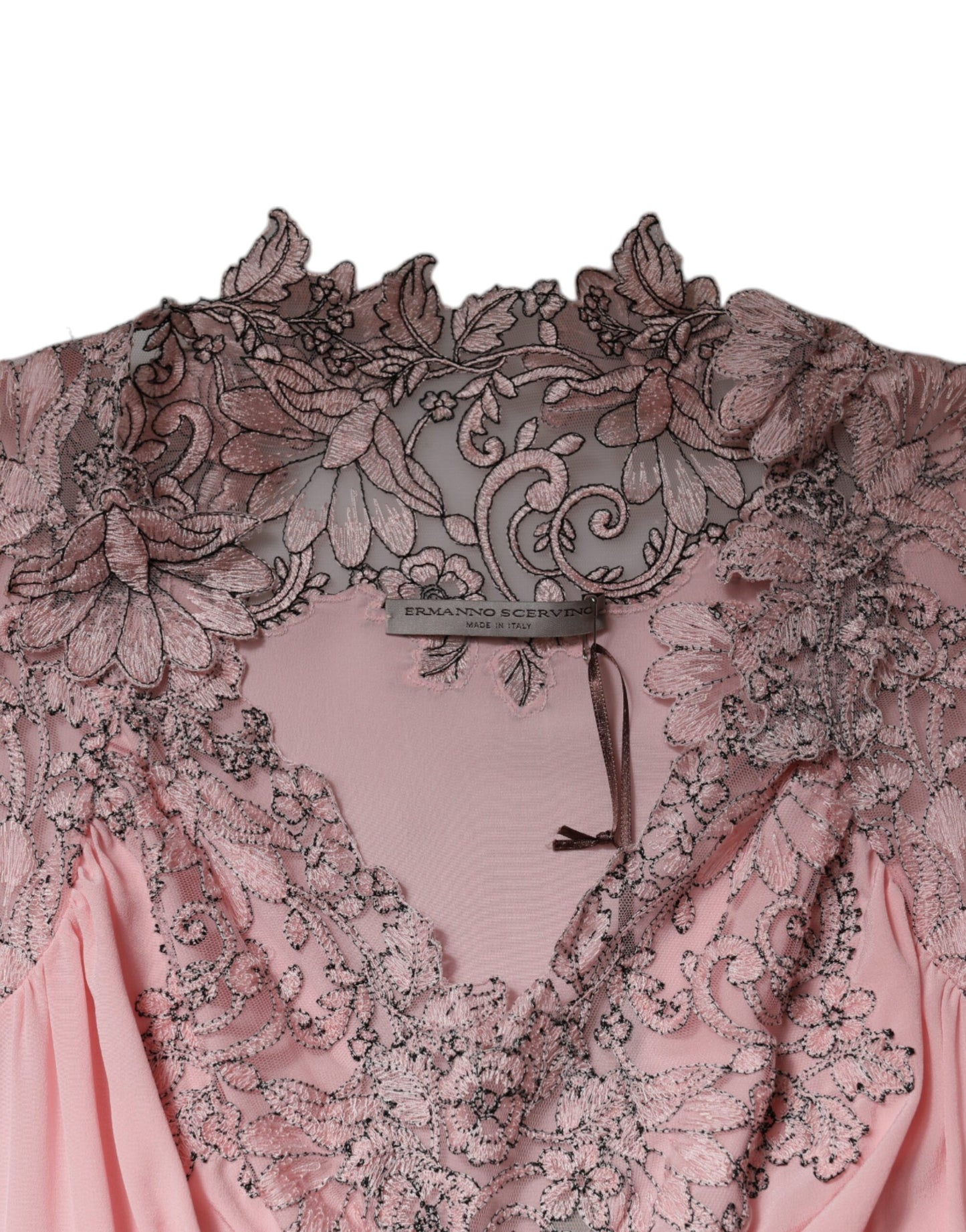 - Ermanno Scervino Pink Floral Lace Short Sleeves V-neck Midi Dress