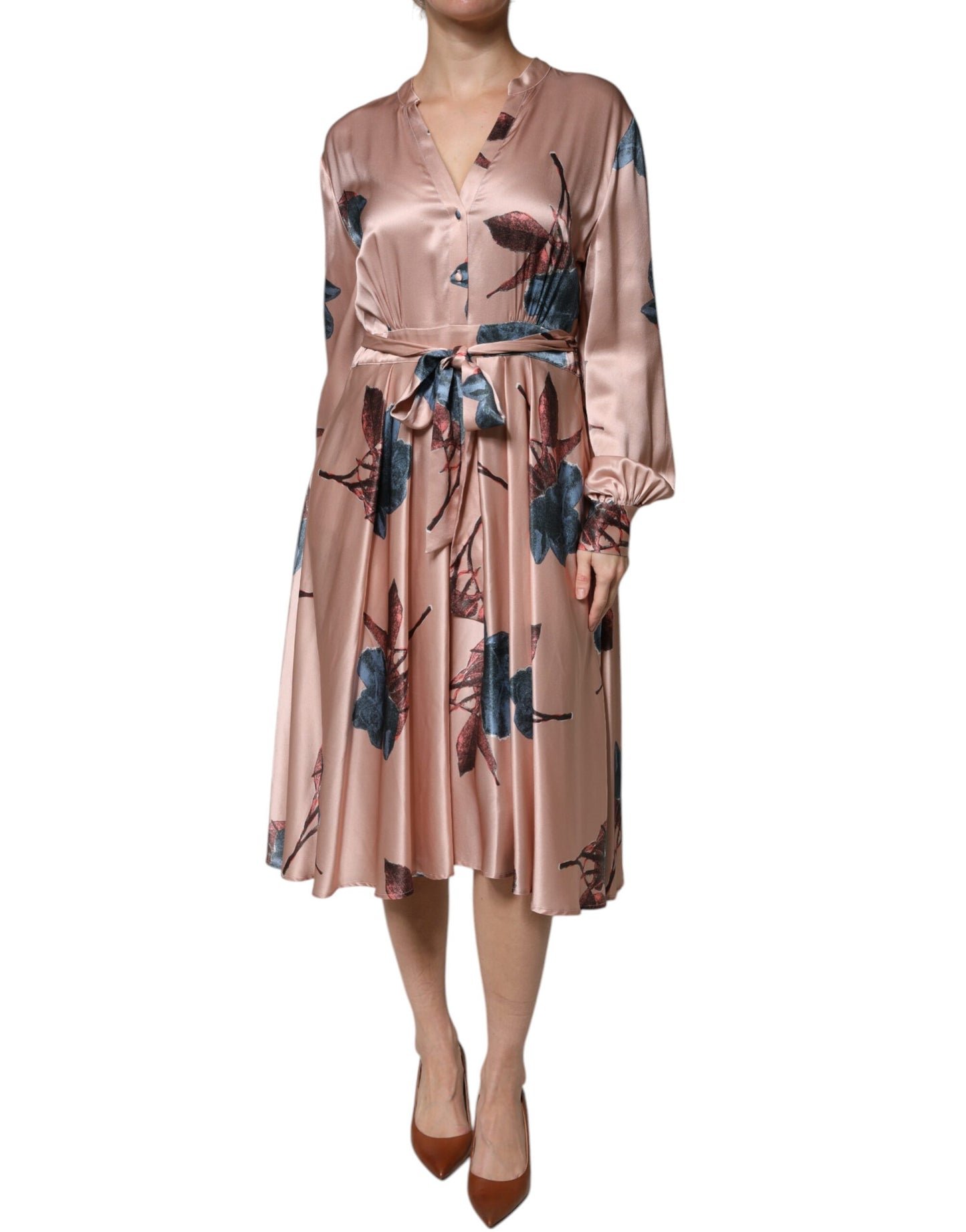 - L'Autre Chose Pink Satin Floral Long Sleeves A-line Midi Dress